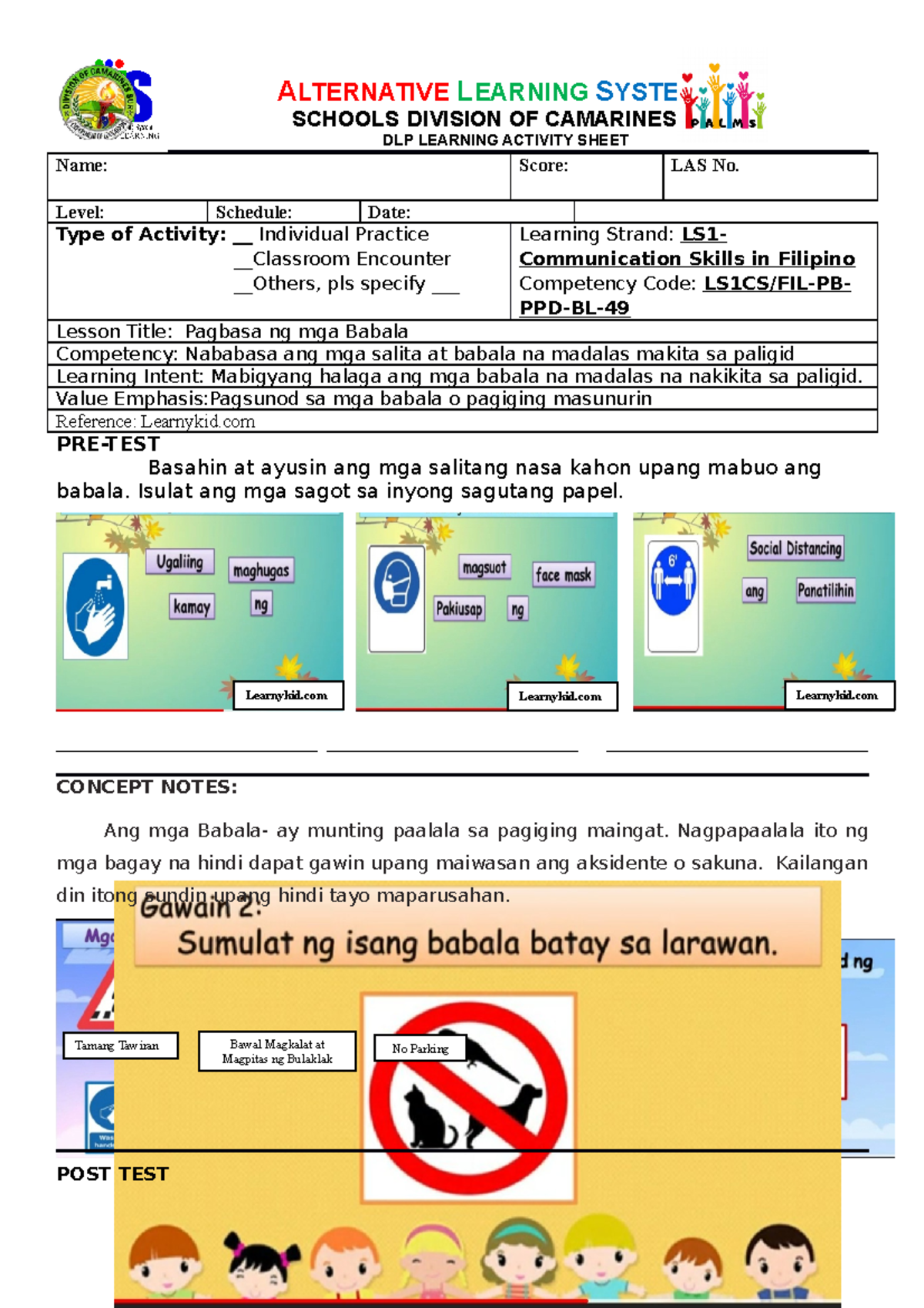 LAS LS1 Lesson on Reading Warning Signs in Filipino - Studocu