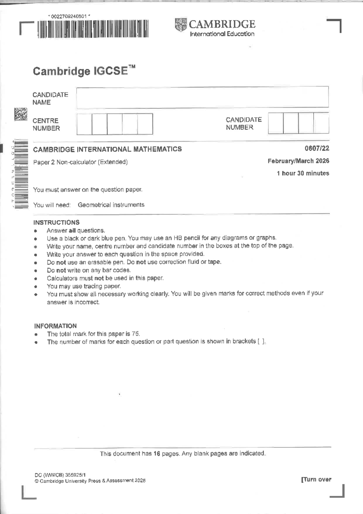Cambridge International Mathematics 0607 Paper 2 (Extended) 2026 Exam ...