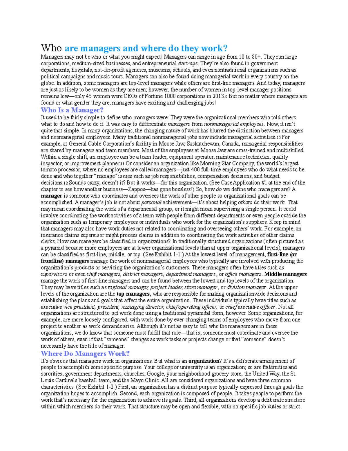 CHAP 1 - Management Lecture Notes: Roles, Workplaces, and Changes - Studocu
