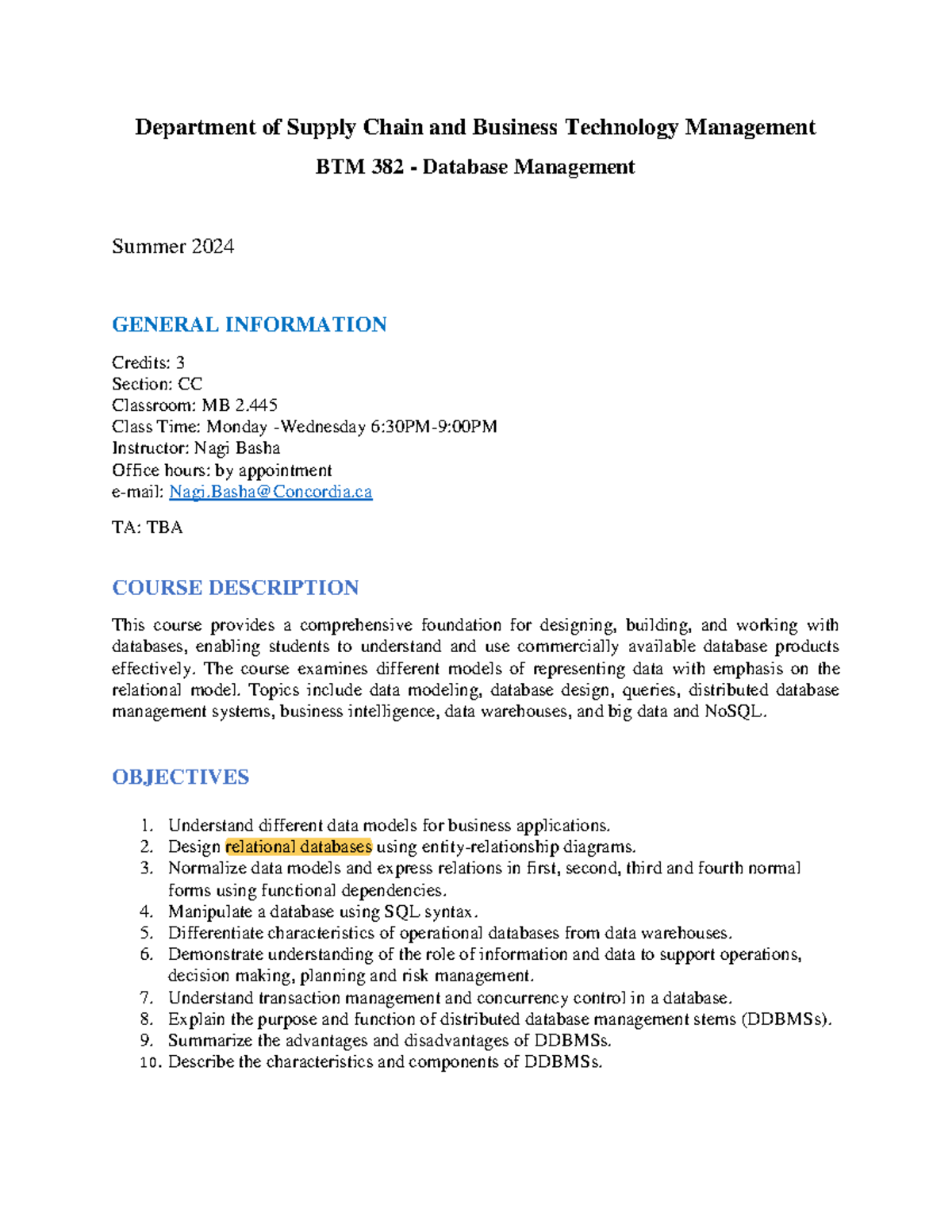 BTM 382 Outline - Database Management Summer 2024 Overview - Studocu