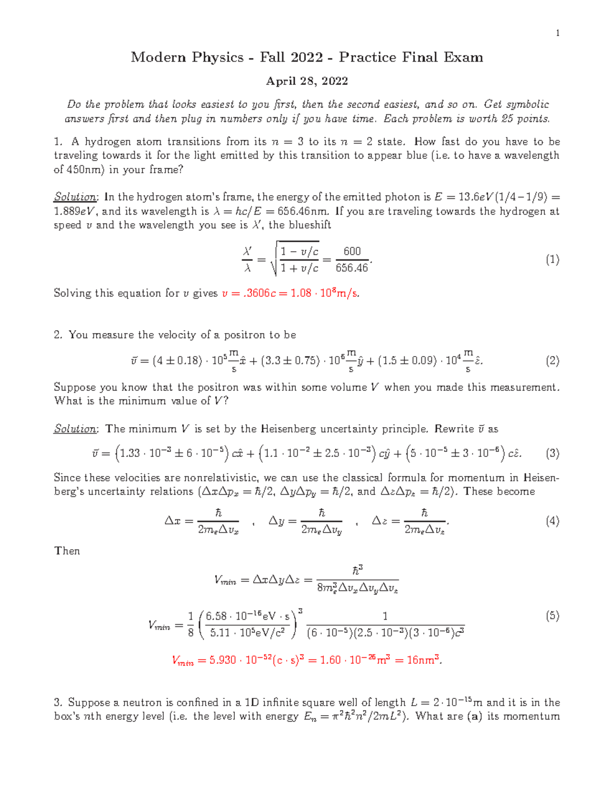 Modern Physics - Fall 2022 - Practice Final Exam Solutions - Studocu