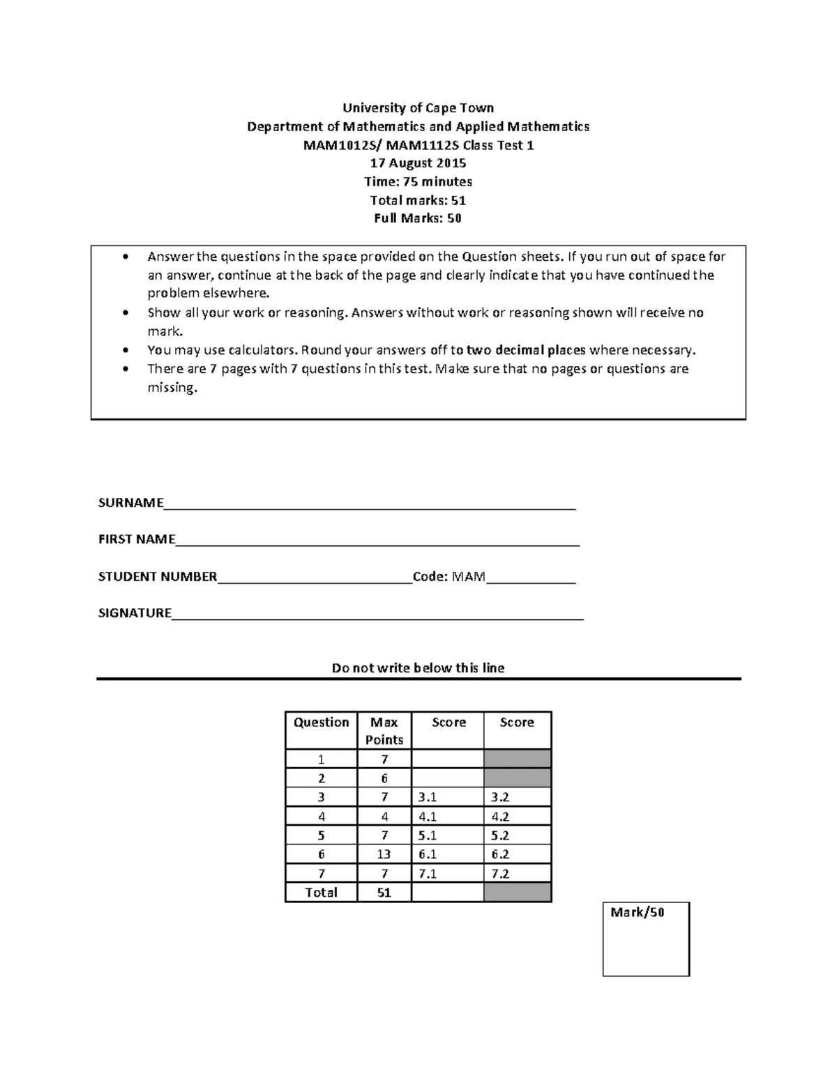 MAM1010F / MAM1110F Class Test 2 Memo - June 2021 - Studocu