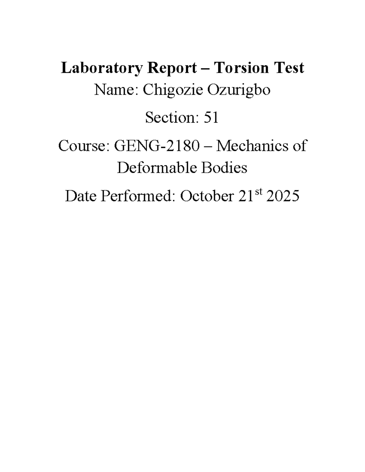 Lab2 Torsion Test Report - Mechanics of Deformable Bodies, Sec 51 - Studocu