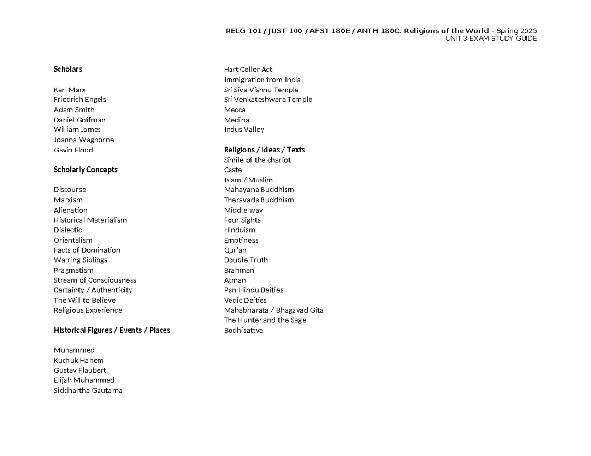 RELG 101 Unit 3 Exam Study Guide - Religions of the World - Studocu