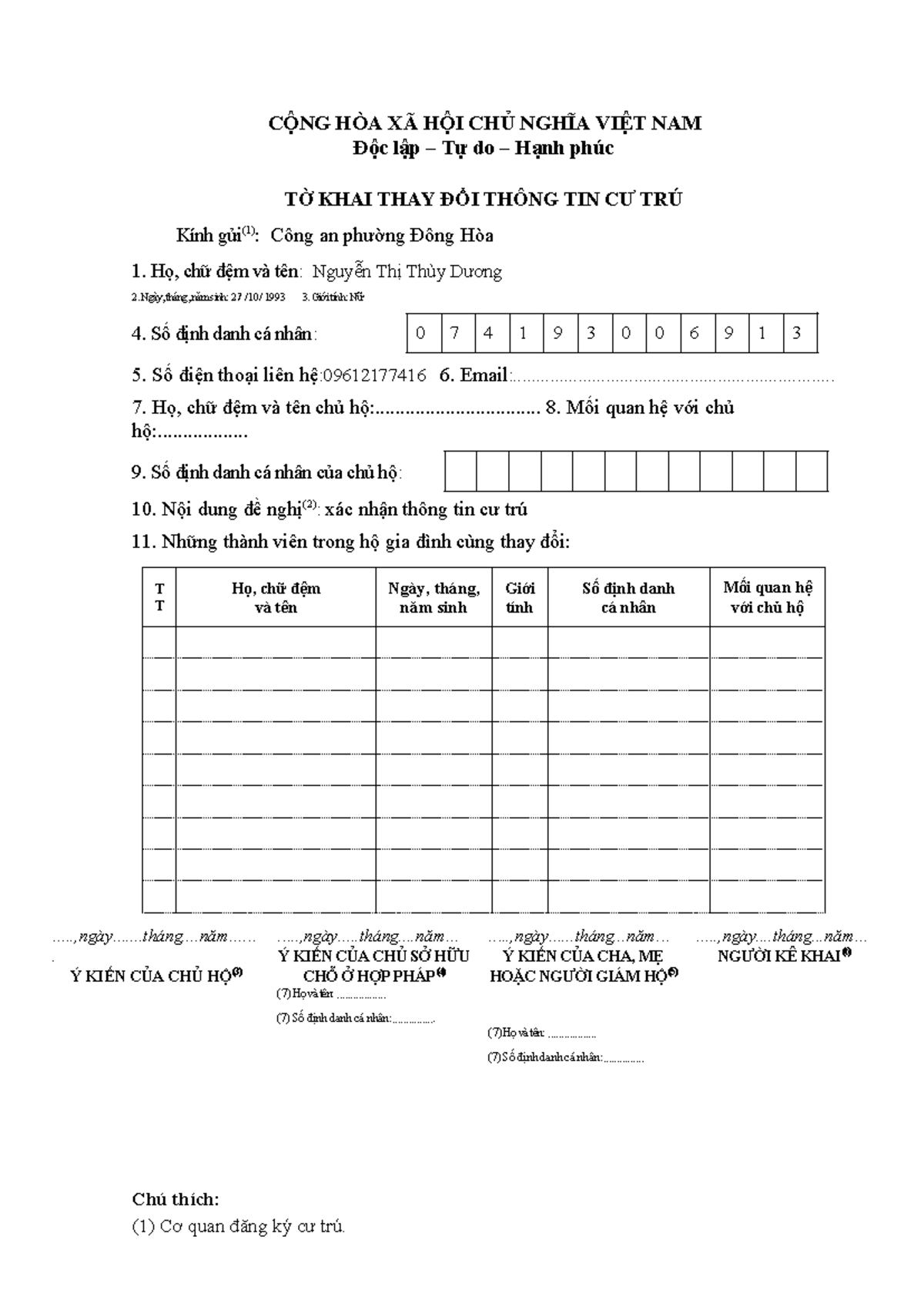 Mẫu CT01 66 - Đơn Đề Nghị Thay Đổi Thông Tin Cư Trú - Studocu