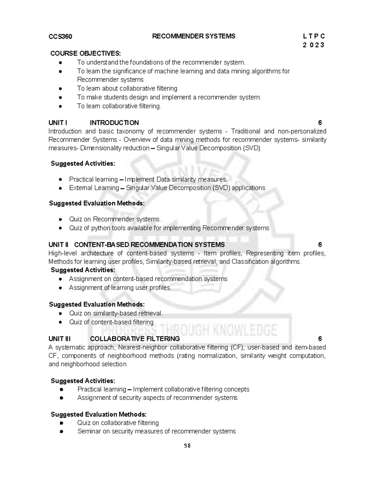 CCS360 Recommender Systems Syllabus & Course Objectives - Studocu