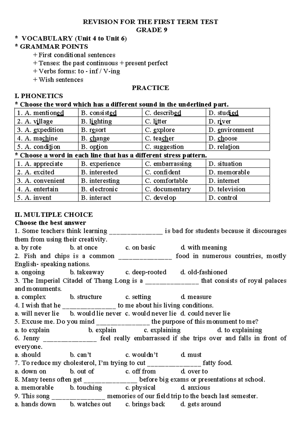 ÔN CK1TANH - Revision for Grade 9 English First Term Test - Studocu