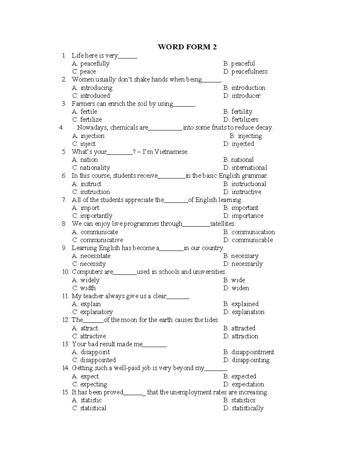 Word Form 2 Practice Questions for HS - 12345678 - Studocu