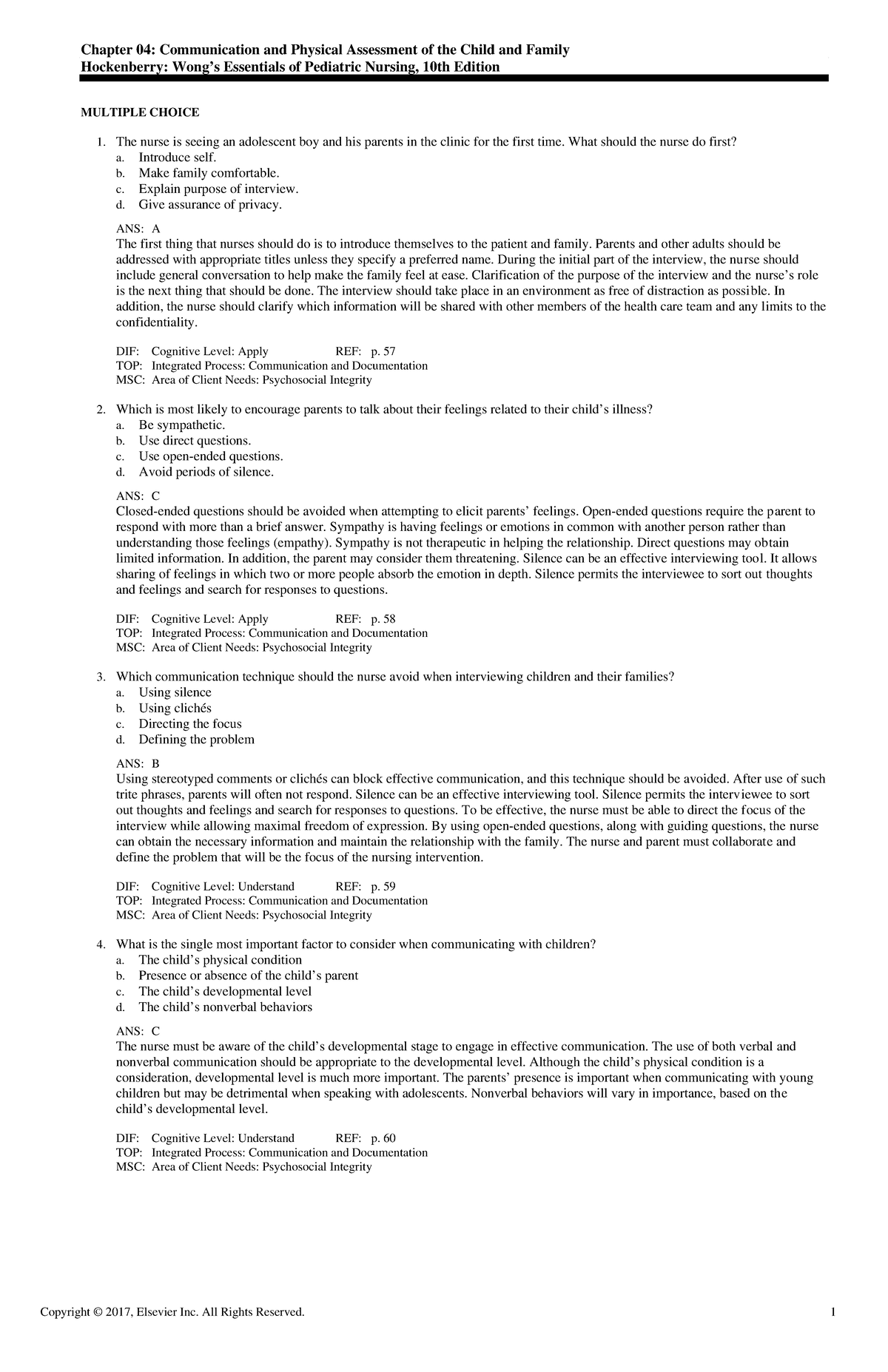 PEDS 101 - Chapter 04 Practice Questions & Rationales on Communication ...