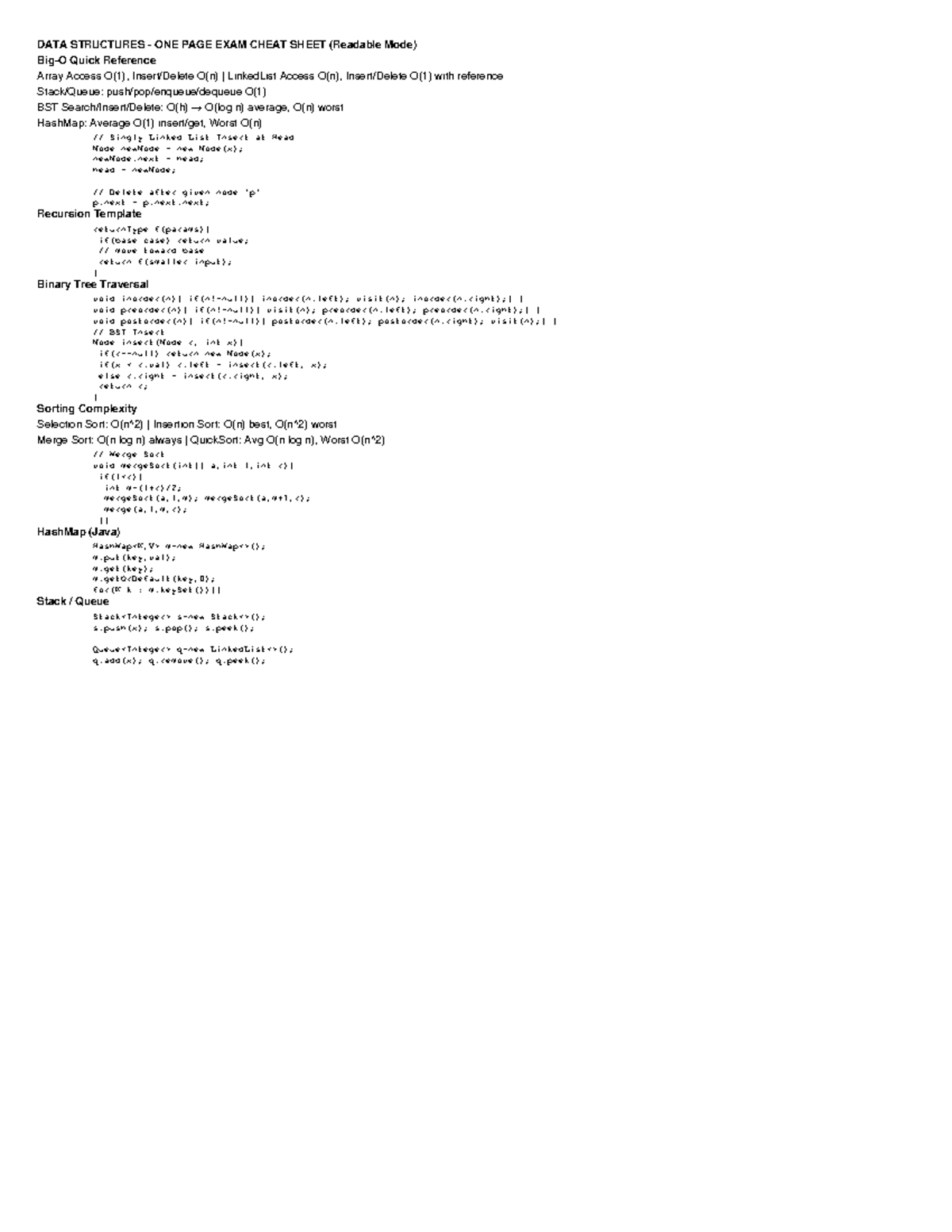 DATA STRUCTURES CHEAT SHEET FOR EXAM (Readable Mode) - Studocu