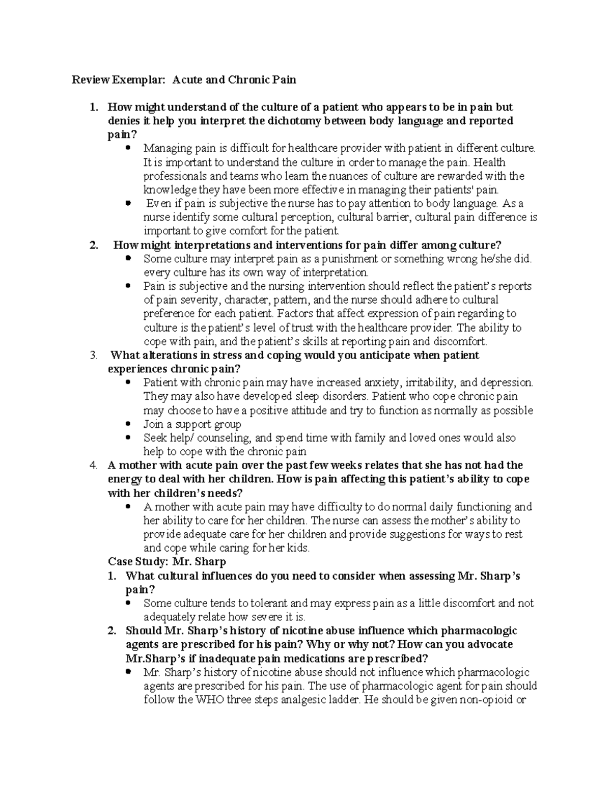 Review Exemplar. Comfort docx - Review Exemplar: Acute and Chronic Pain ...