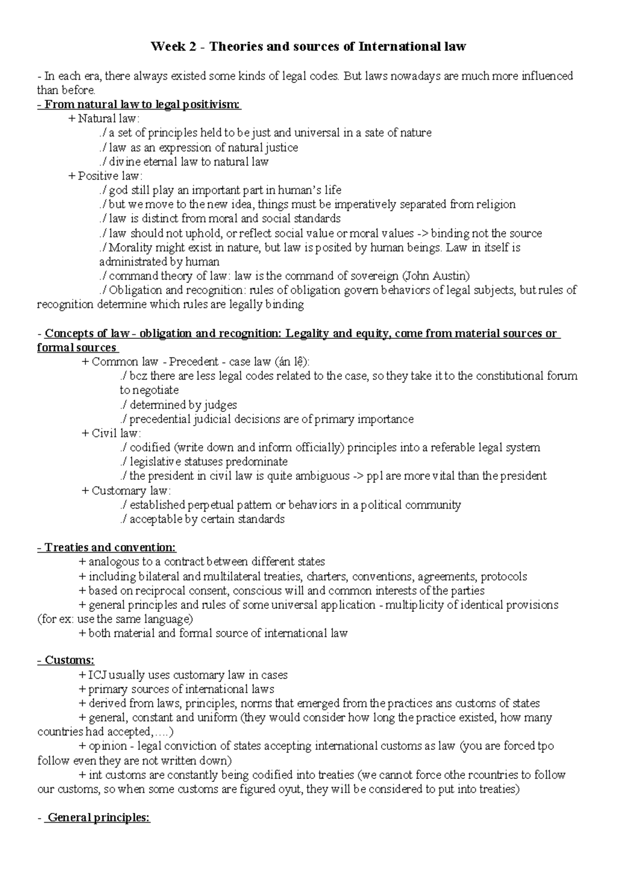 Week 2 - INL - Theories & Sources of International Law Overview - Studocu