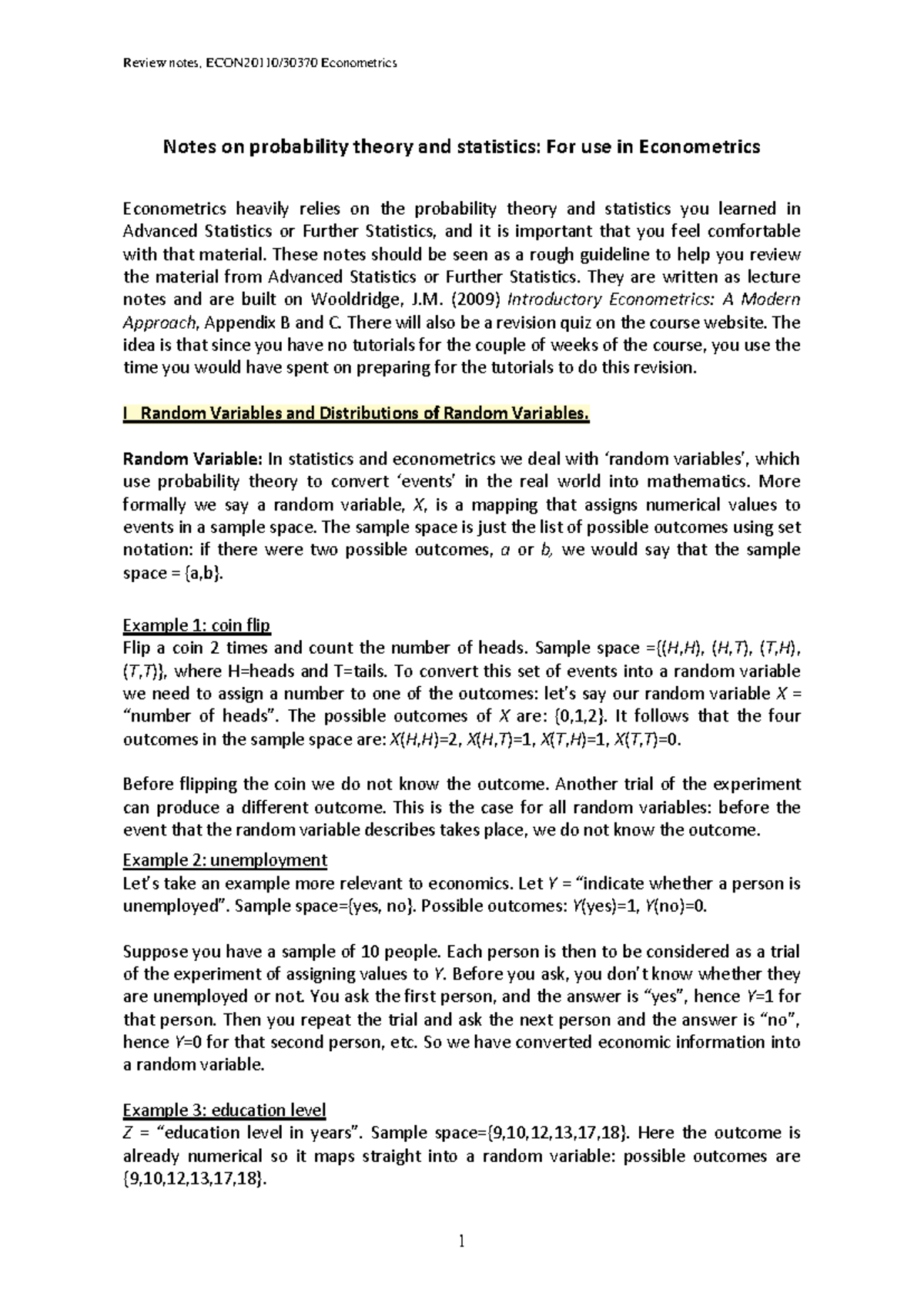 Probability and Statistics Revision Notes for Econometrics-1 - Studocu