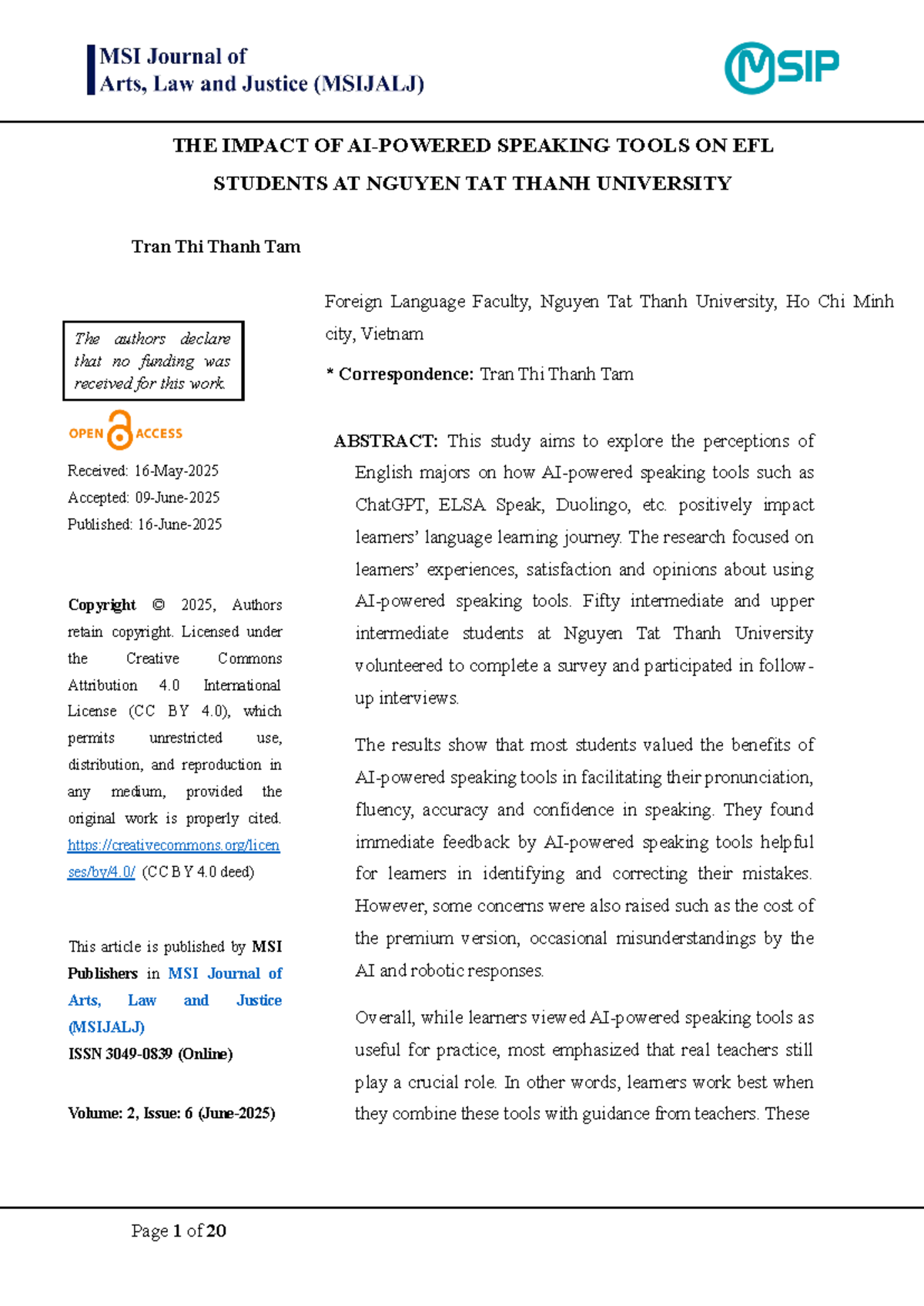 The Impact of AI Speaking Tools on EFL Students at Nguyen Tat Thanh ...