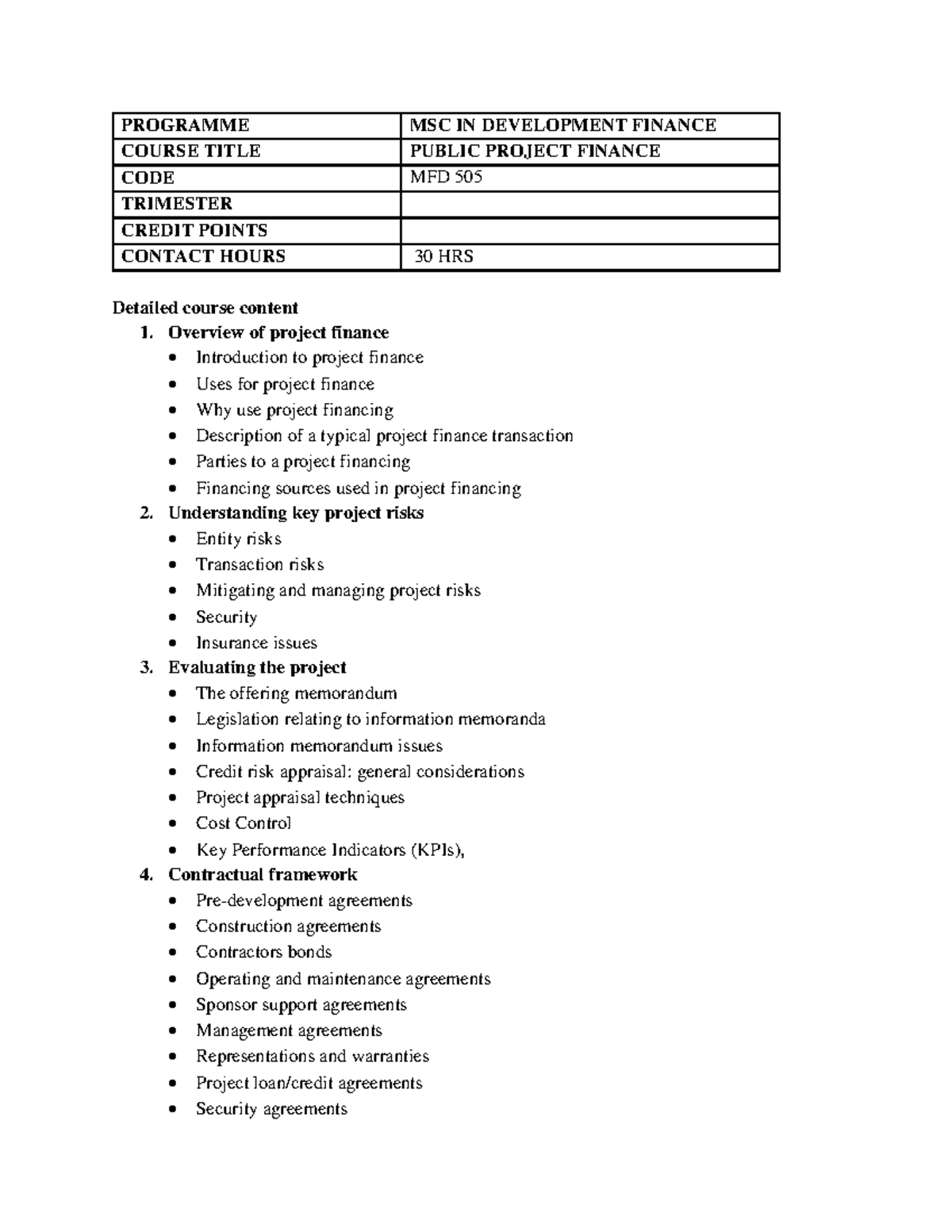 MFD 505 Course Outline: Public Project Finance Revised Overview - Studocu