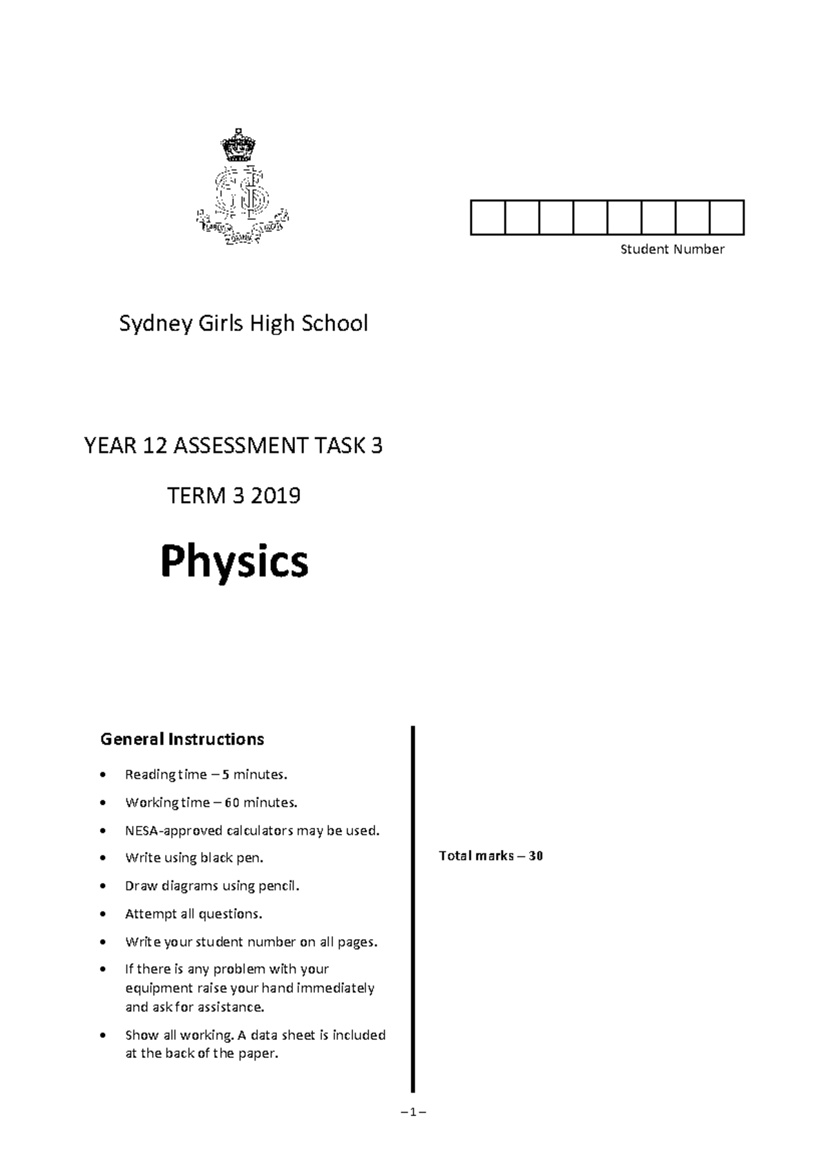 SGHS Physics HSC Year 12 Assessment Task 3 Term 3 2019 - Studocu