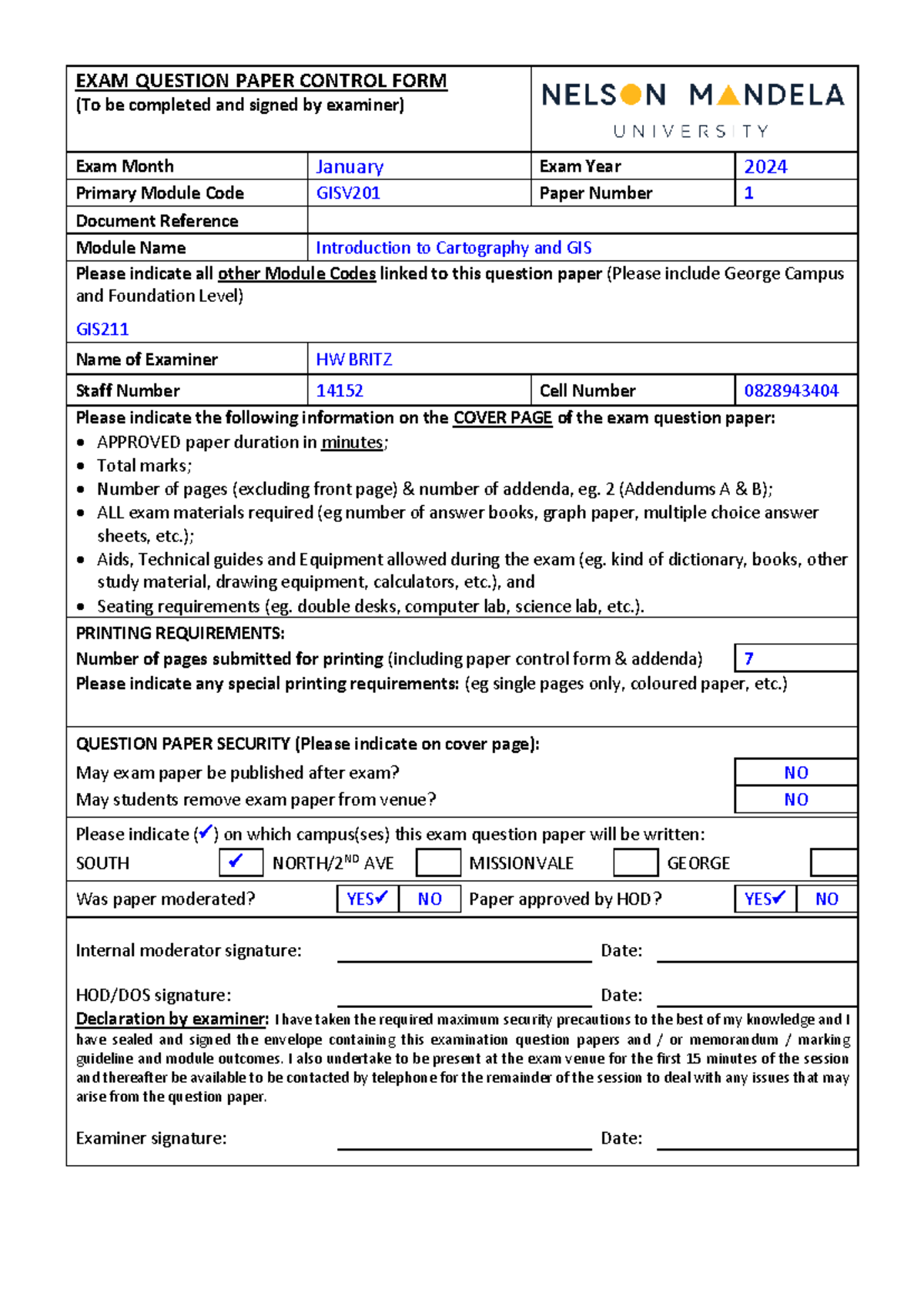 GISV201 January 2024 Exam Paper: Introduction to Cartography and GIS ...