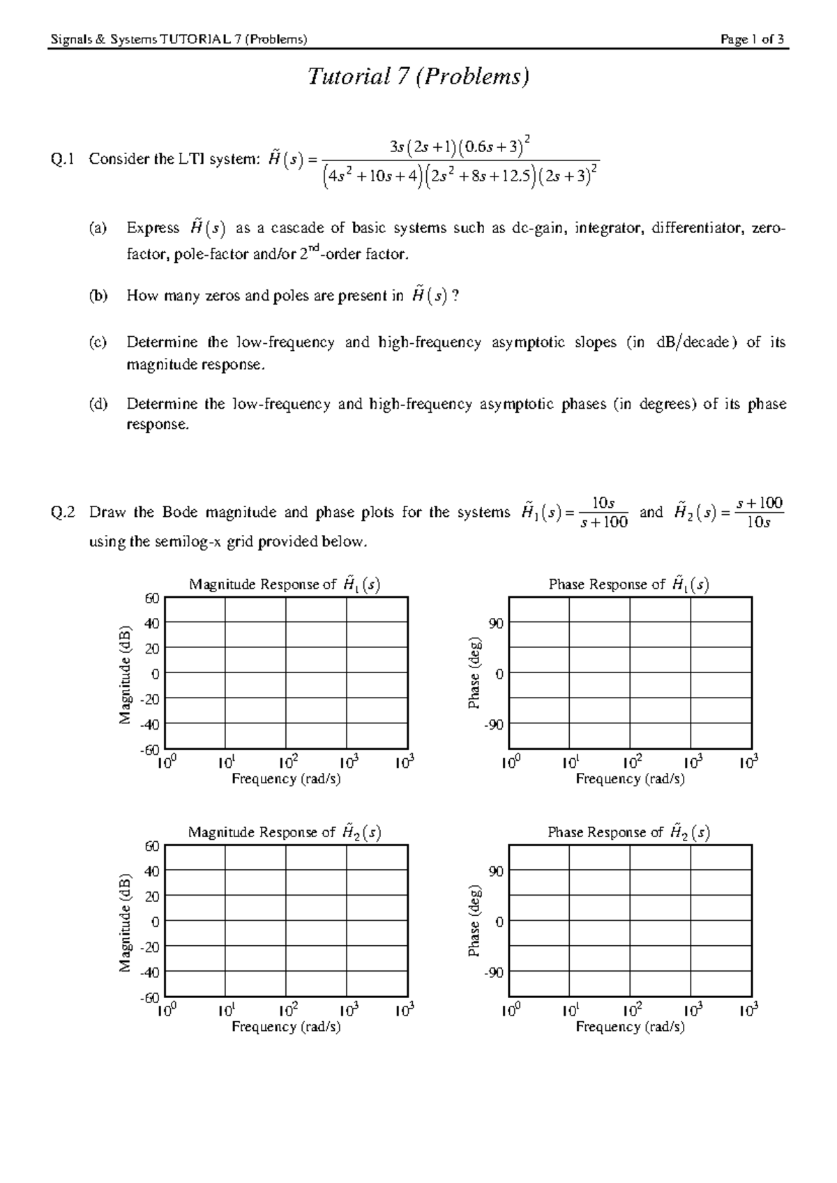 Signals Systems TUTORIAL 7: LTI System Problems and Bode Plots - Studocu