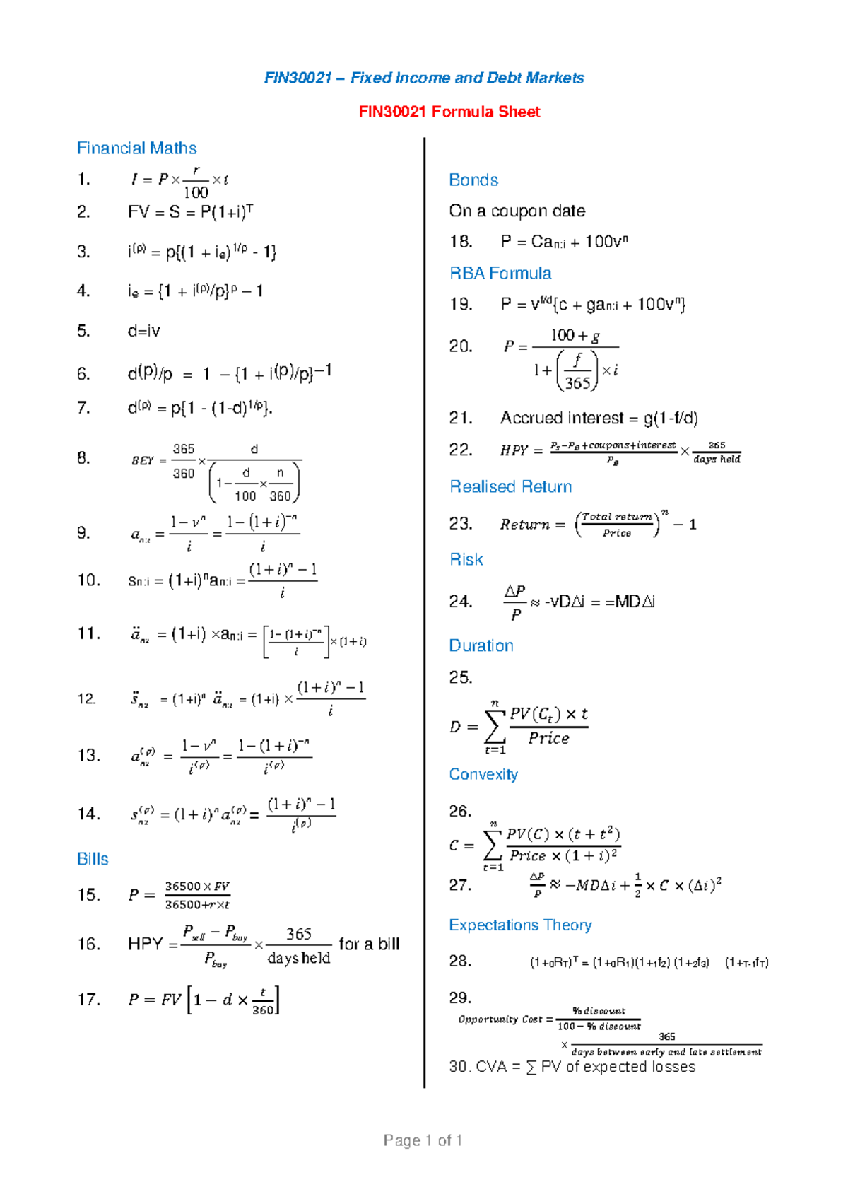 FIN30021 Formula Sheet - FIN30021 – Fixed Income and Debt Markets Page ...