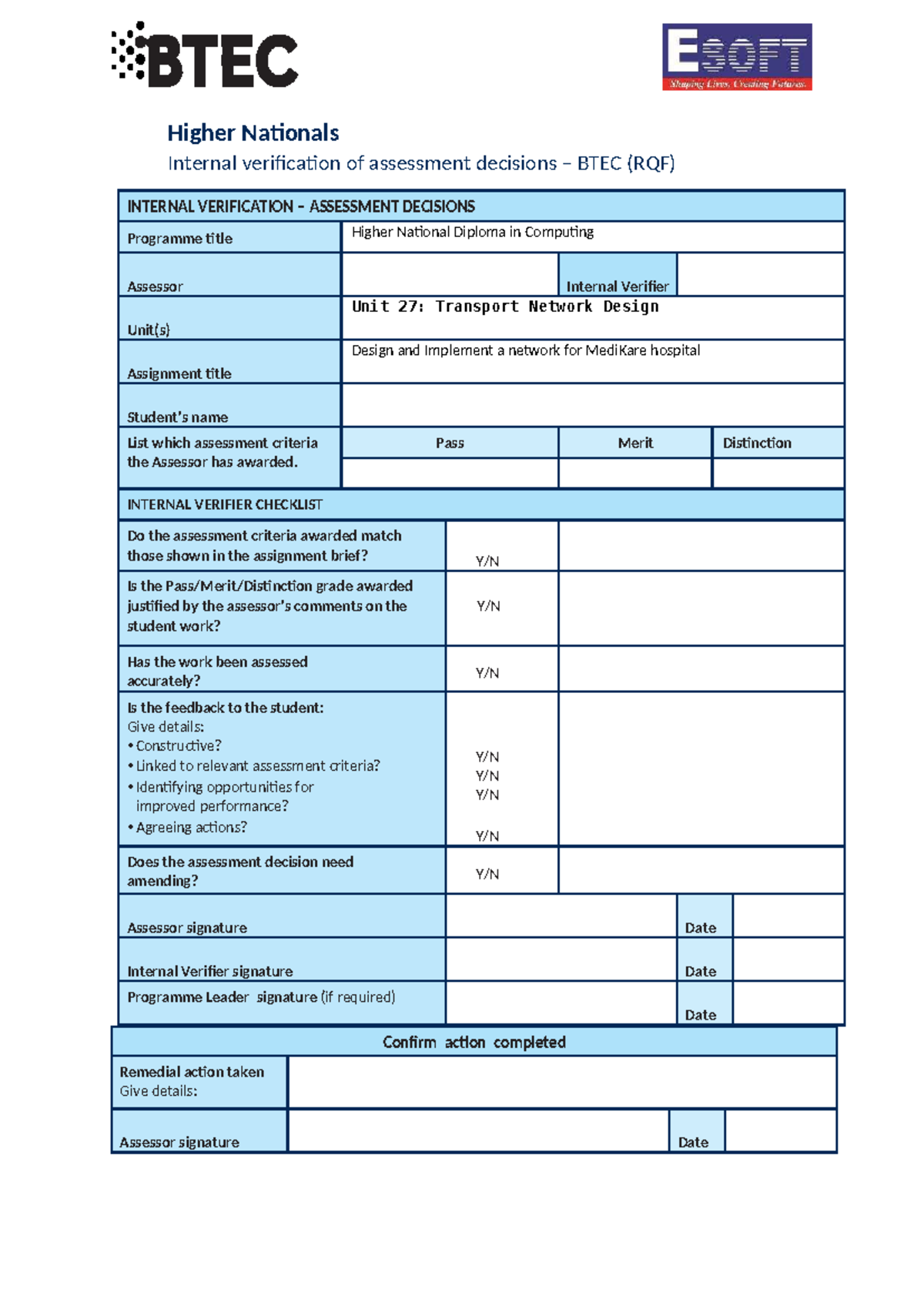 BTEC HND Computing Unit 27: Internal Verification of Assessment ...