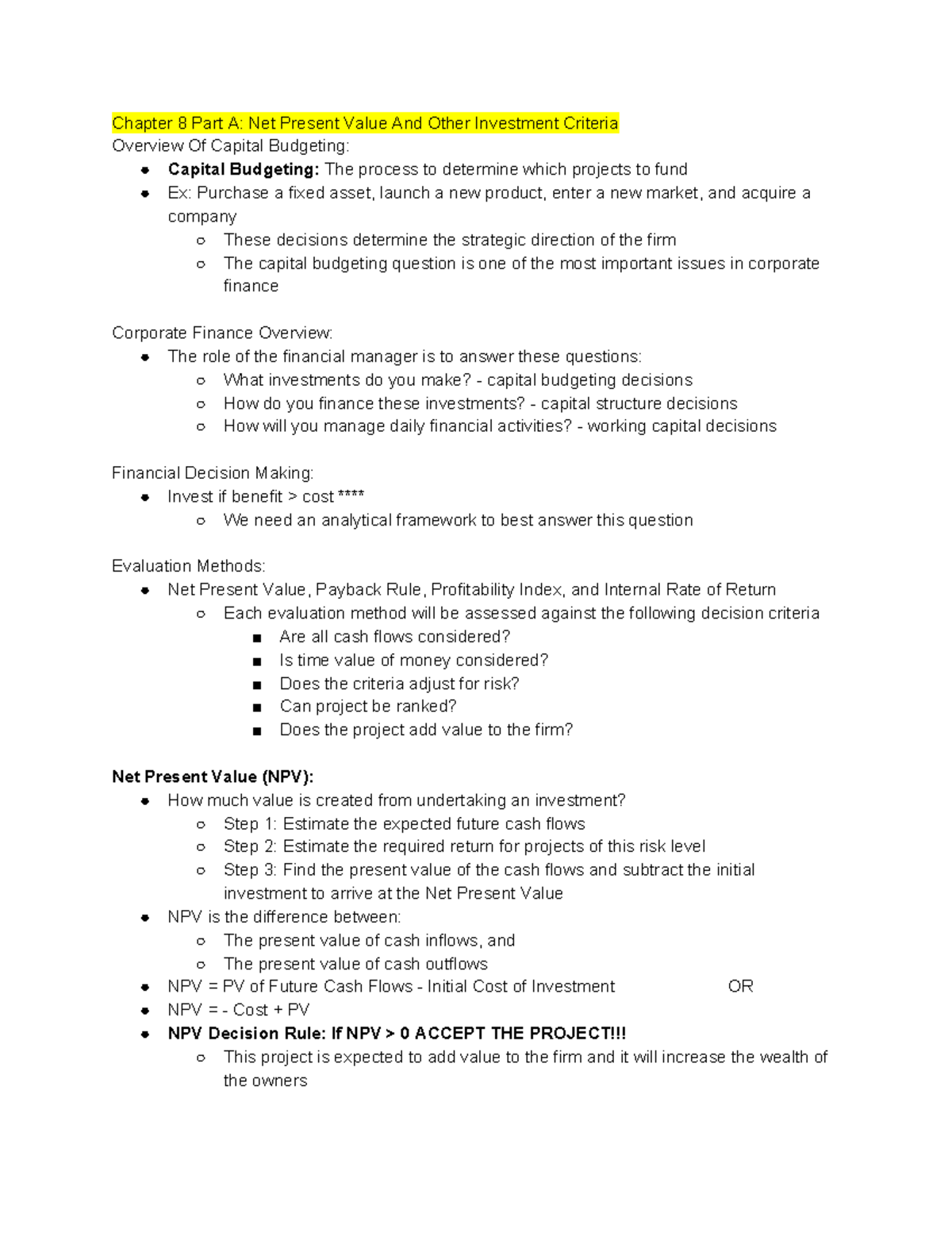 FINC 311 EXAM 2 Notes - Chapter 8 Part A: Net Present Value And Other ...