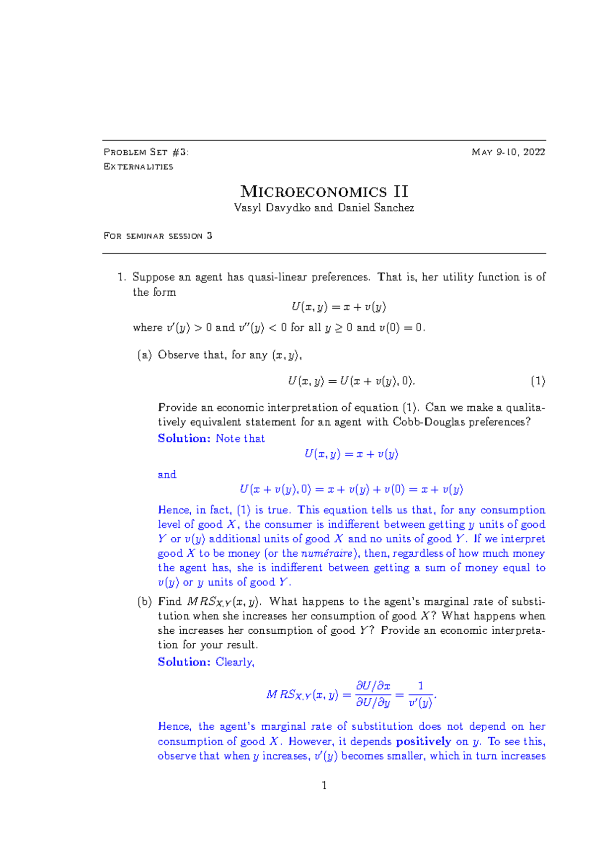 Problem Set 3-4: Solved Exercises on Microeconomics II Seminar - Studocu