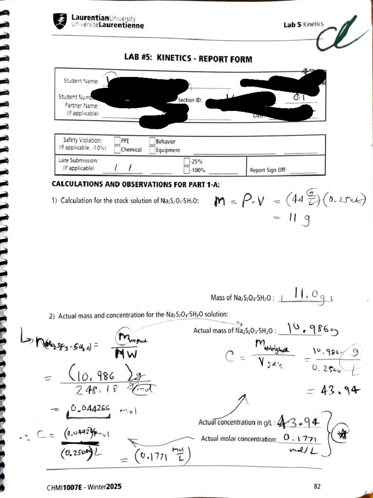 CHMl1007E Winter2025 Lab 5 Kinetics Report and Observations - Studocu