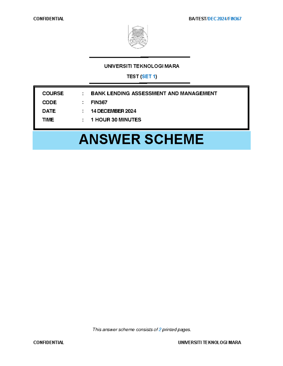FIN367 Midterm Test Set 1 Answer Scheme (Oct'24-Feb'25) - Studocu