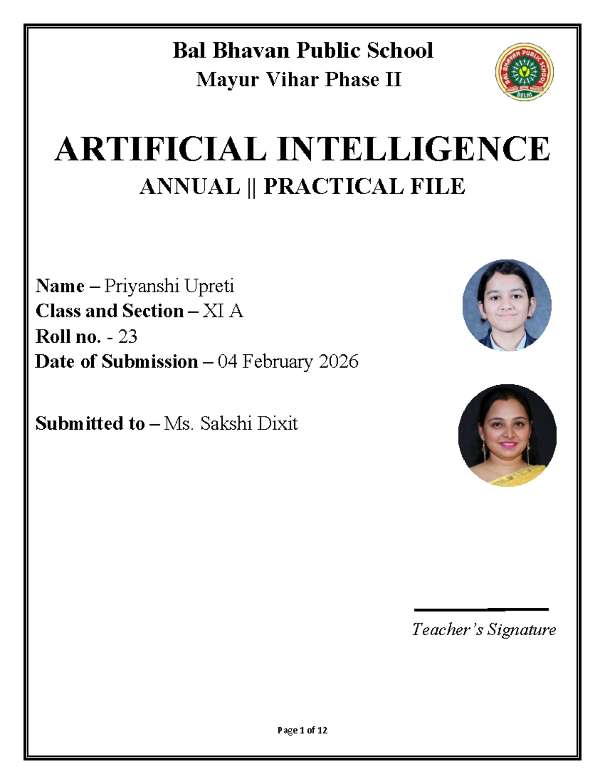 AI Practical File - Annual Term XI A - Bal Bhavan Public School - Studocu