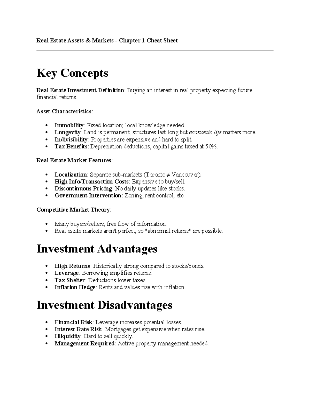 BUSS 331 Chapter 1 - Real Estate Investment Key Concepts Notes - Studocu