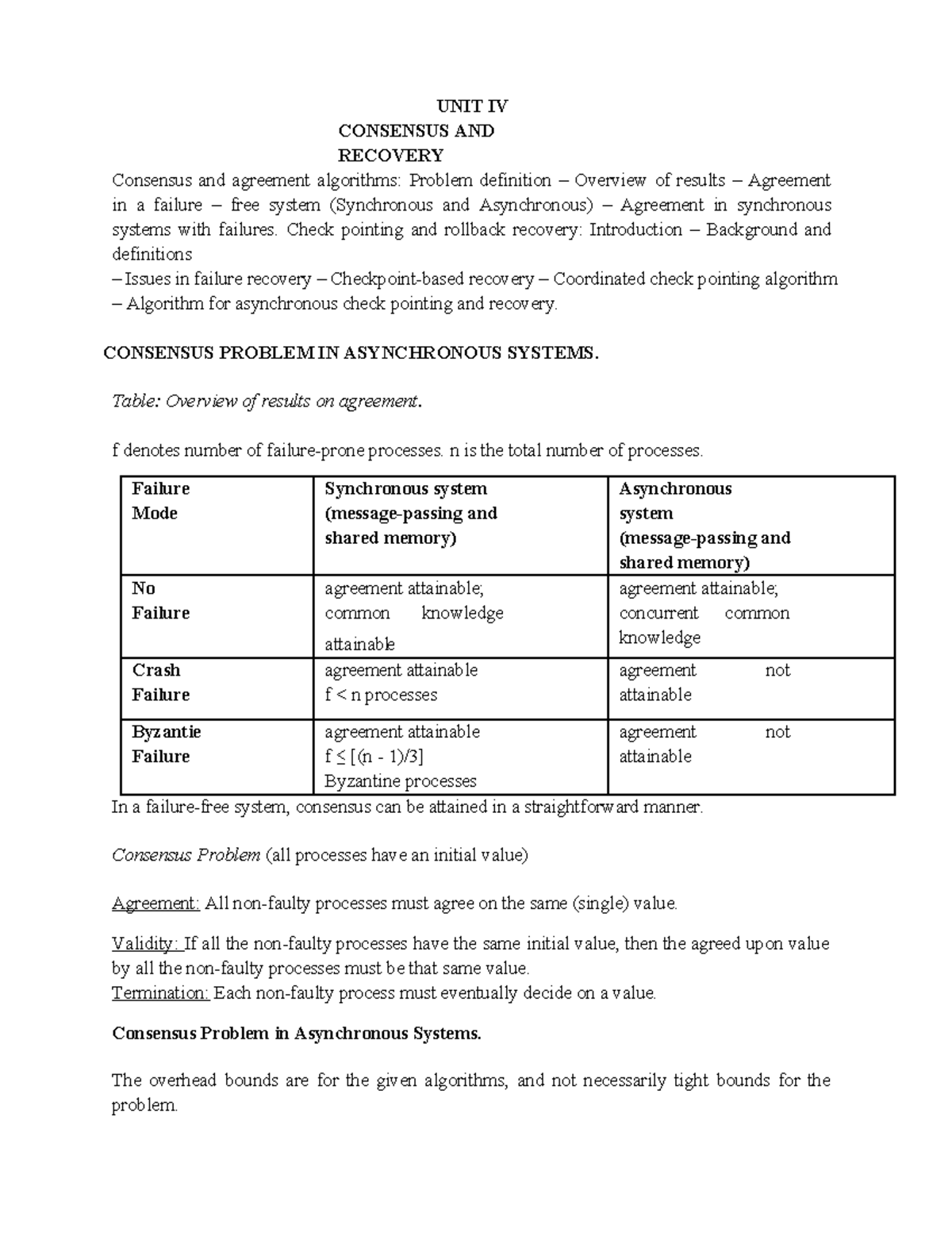 UNIT IV Consensus AND Recovery dc - UNIT IV CONSENSUS AND RECOVERY ...