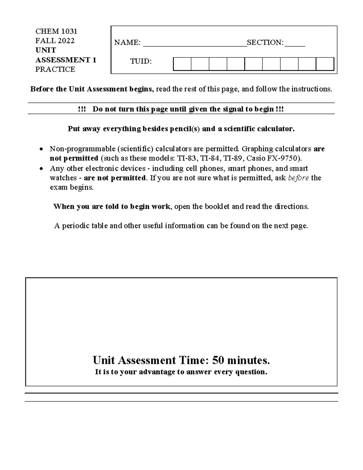 Chem 1031 - Practice Test for Exam 1 Preparation - Fall 2022 - Studocu