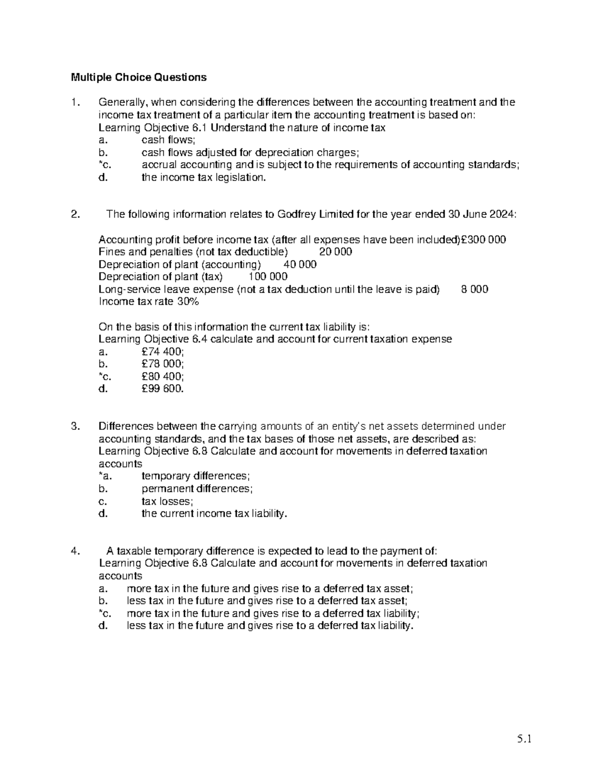 Multiple Choice Questions on Income Tax Treatment - Learning Objectives ...