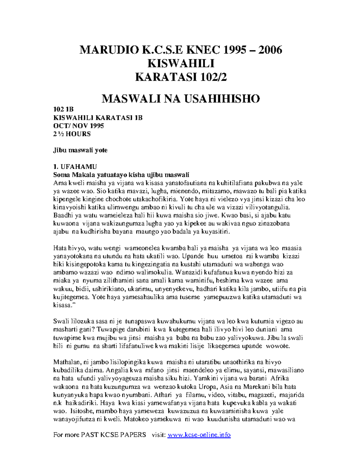 Kiswahili Paper 1B Exam Questions: 1995-1997 KNEC 102. - Studocu