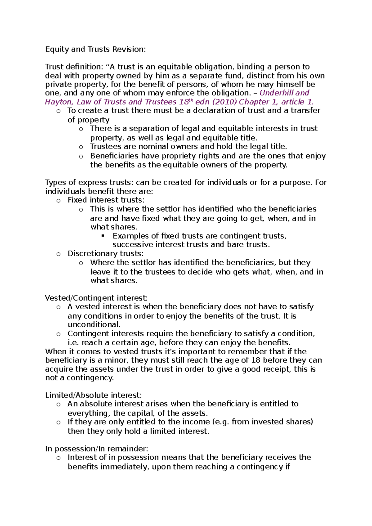 Equity and Trusts Revision Notes: Key Concepts and Definitions - Studocu