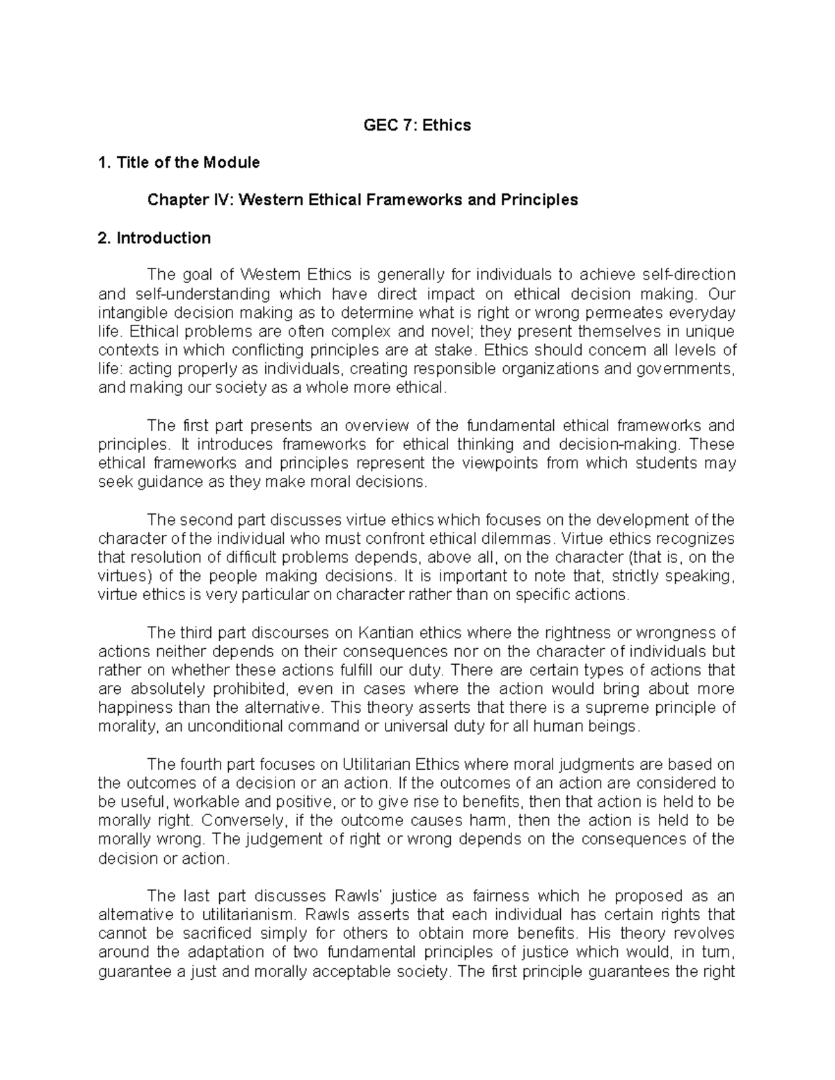 Chapter-4 GEC-7 - GEC 7: Ethics Title of the Module Chapter IV: Western ...