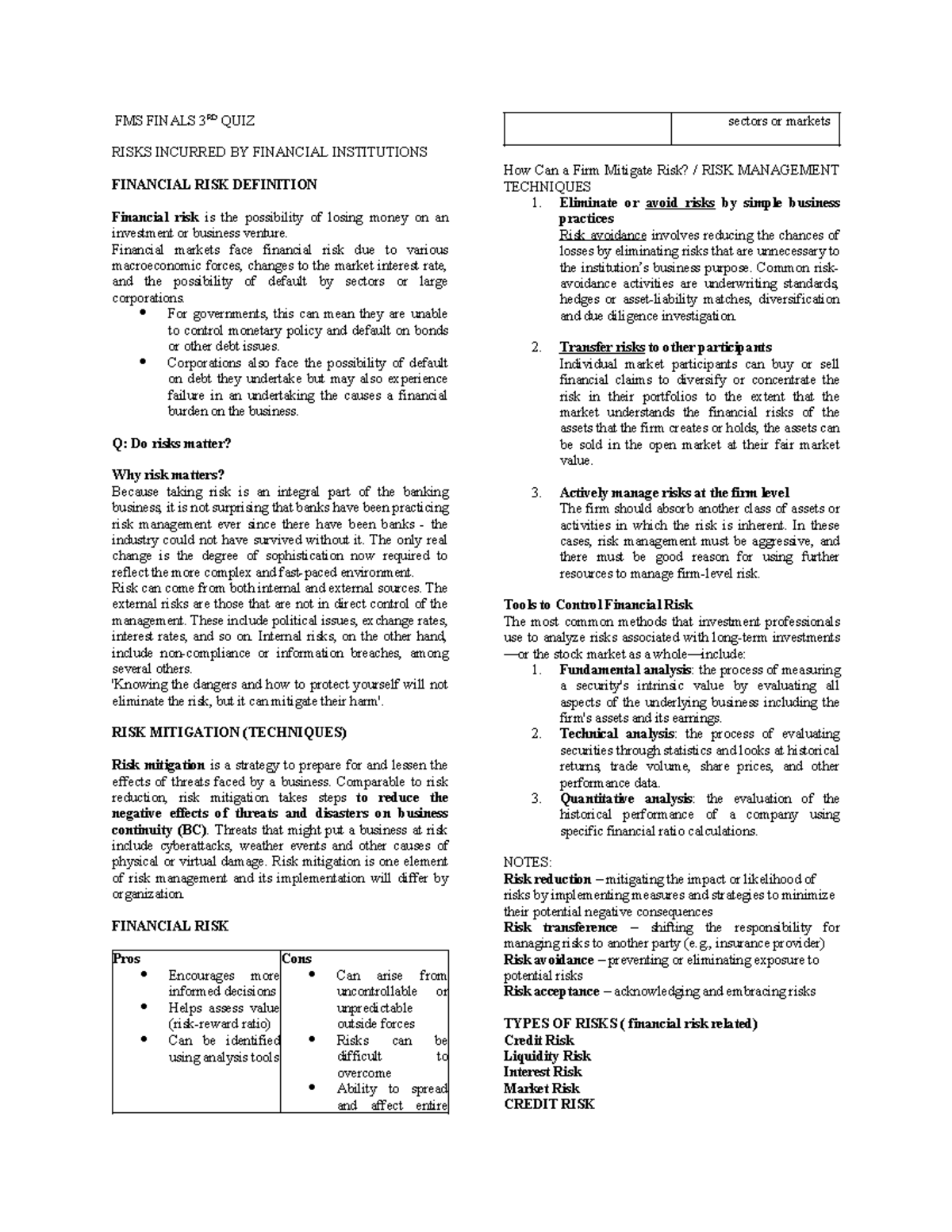 FMS FINALS 3RD QUIZ: Understanding Financial Risks and Mitigation ...