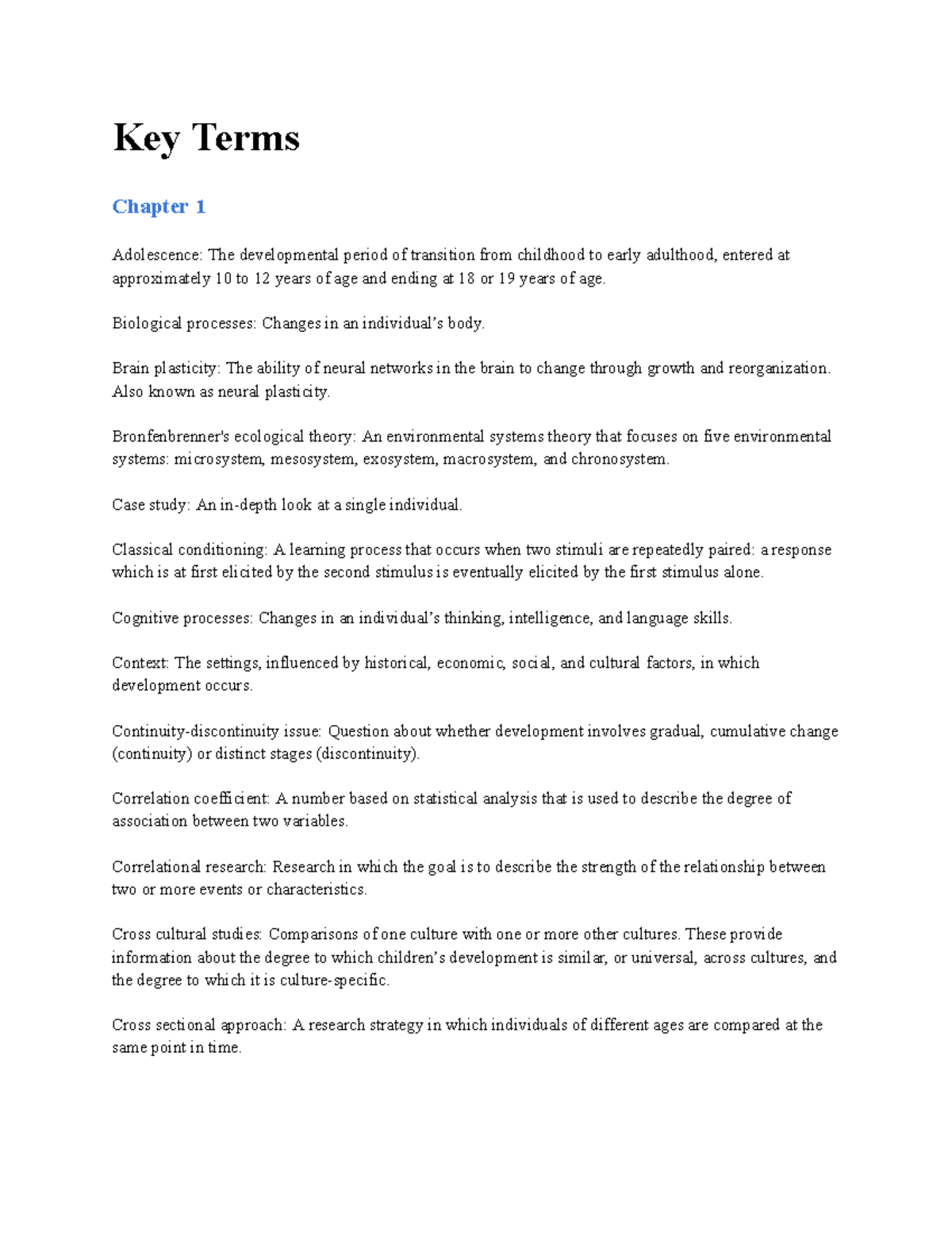 Psych 2AA3 Chapter 1 Key Terms - Key Terms Chapter 1 Adolescence: The ...