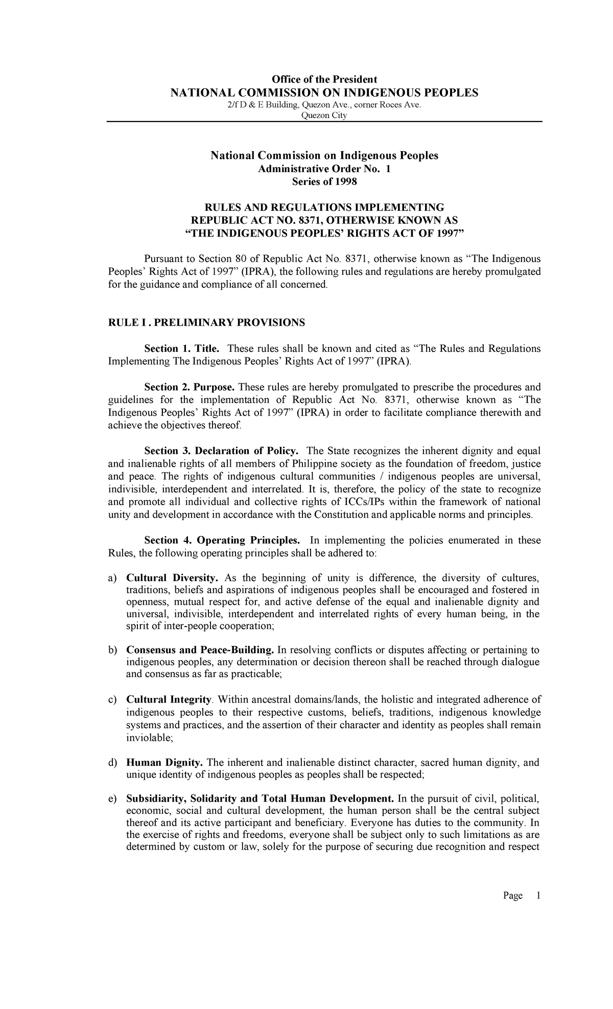 NCIP Administrative Order No. 1, Series 1998: IPRA Implementation Rules ...