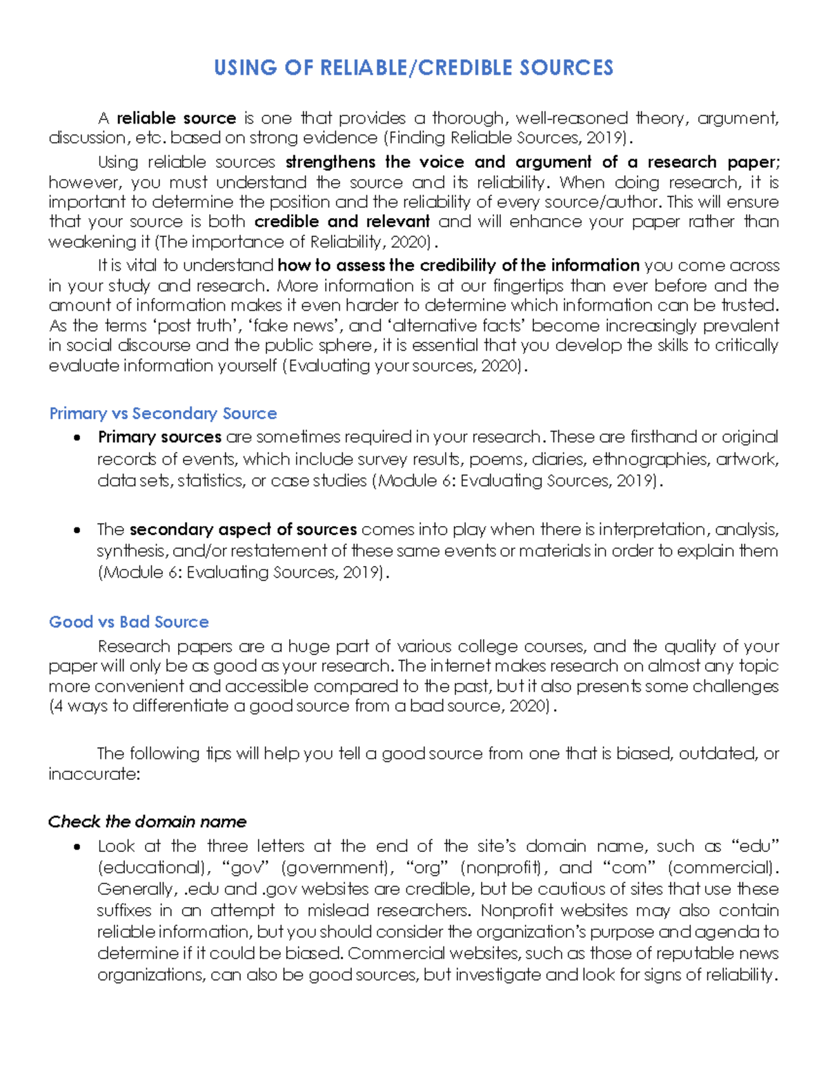 Assessing the Use of Reliable Sources in Research Papers - Studocu