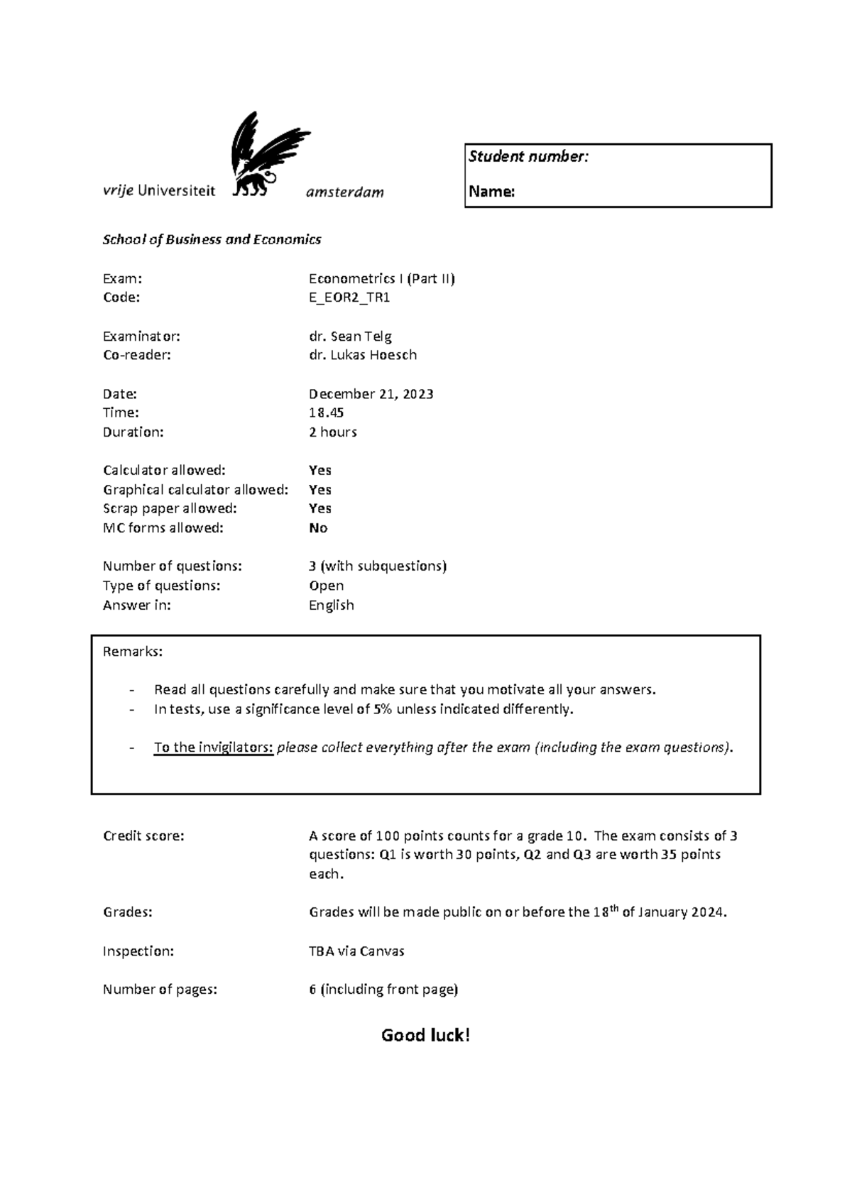 Final Exam 2023 - Econometrics I (E_EOR2_TR1) - Studeersnel