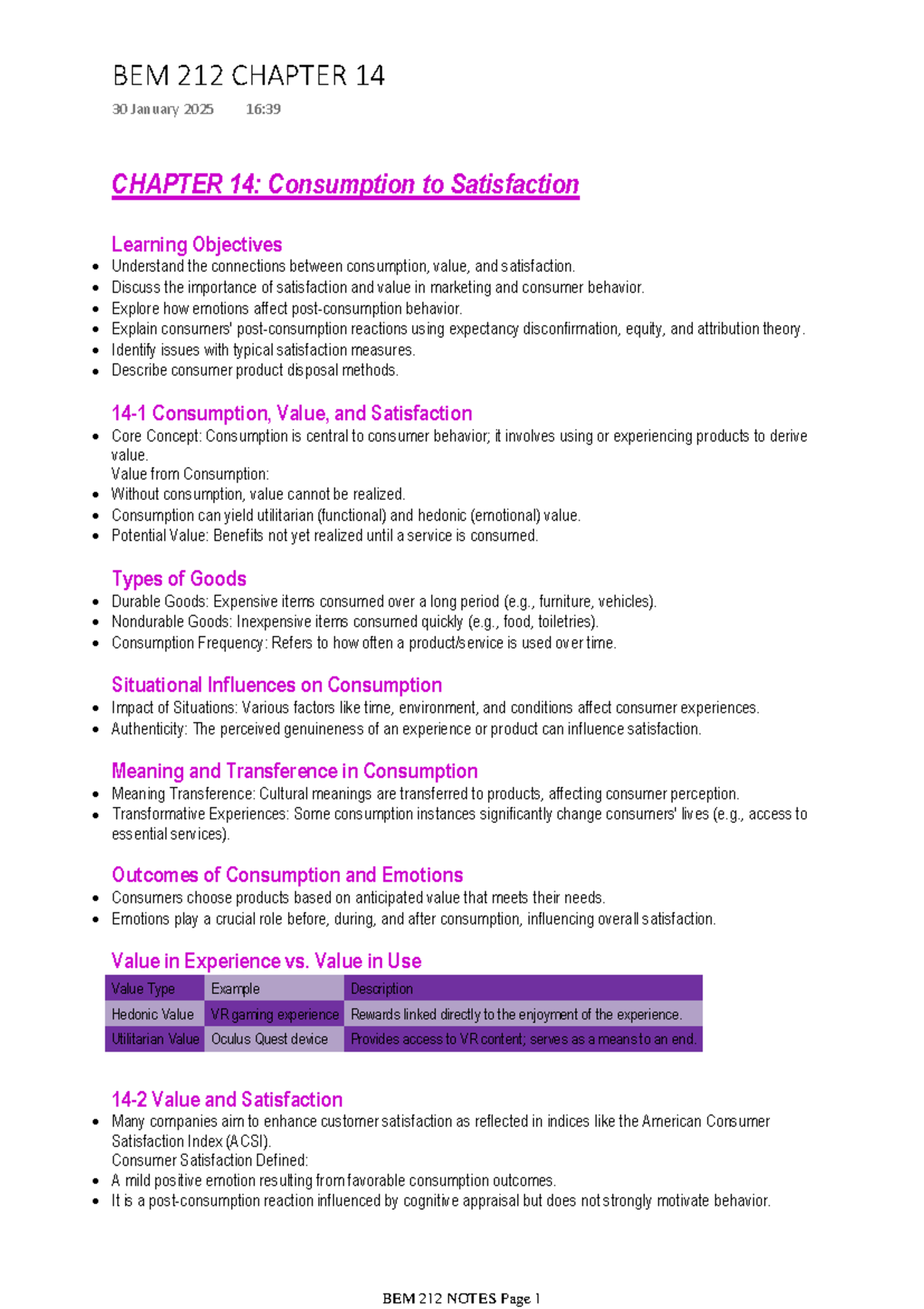 BEM 212 CHAPTER 14: Consumption, Value, and Satisfaction Notes - Studocu