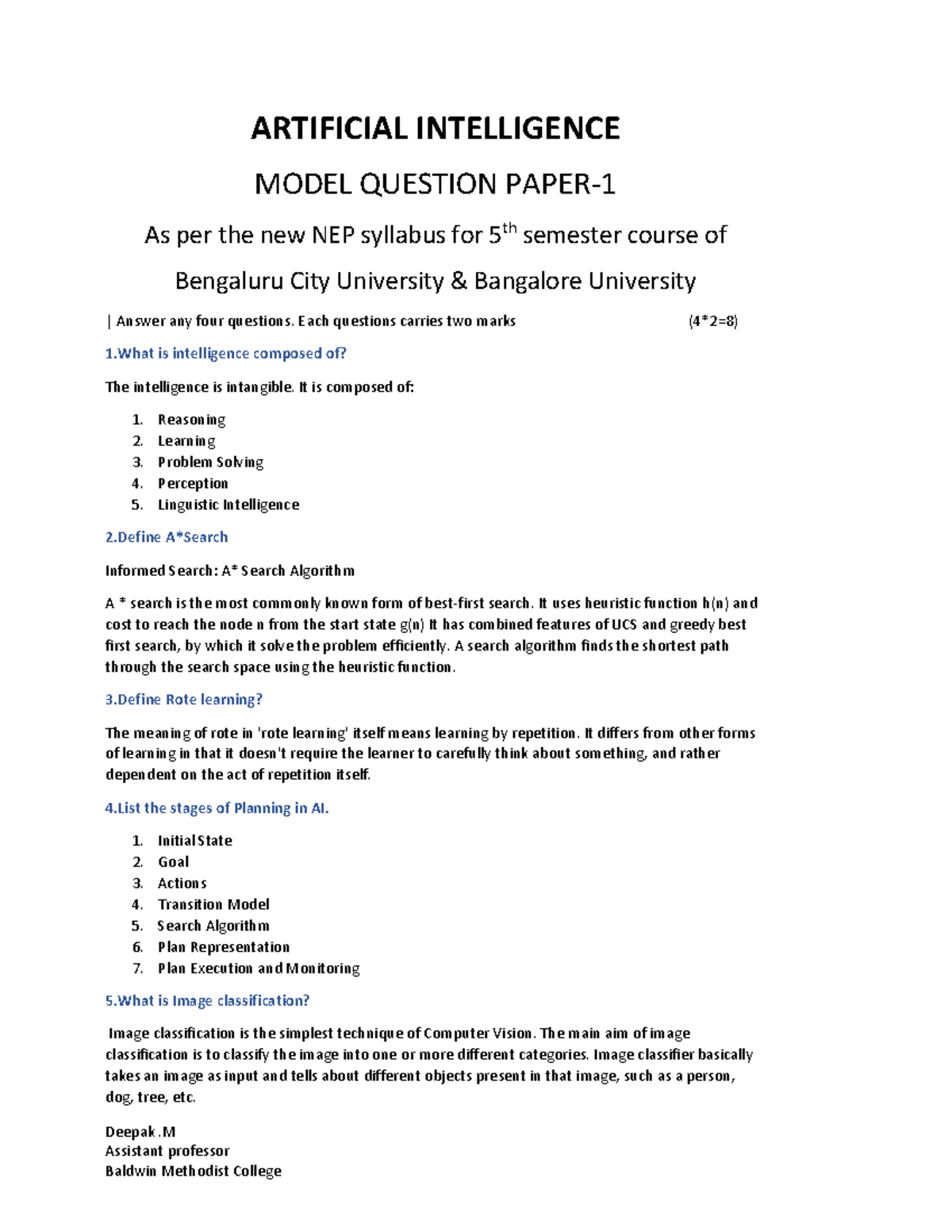 AI Model Question Paper - 5th Sem - Bengaluru City University - Studocu