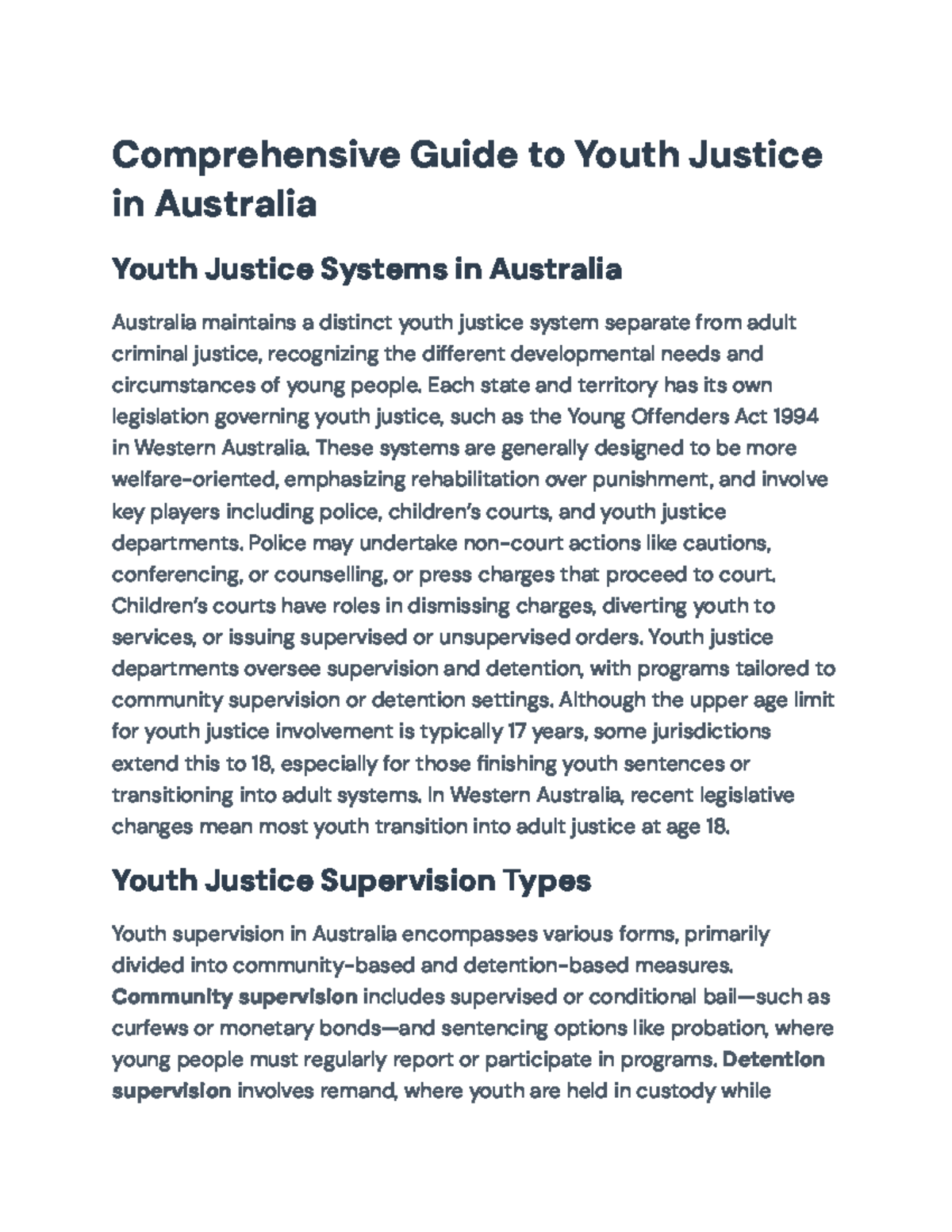 Comprehensive Overview of Youth Justice Systems in Australia (2023 ...