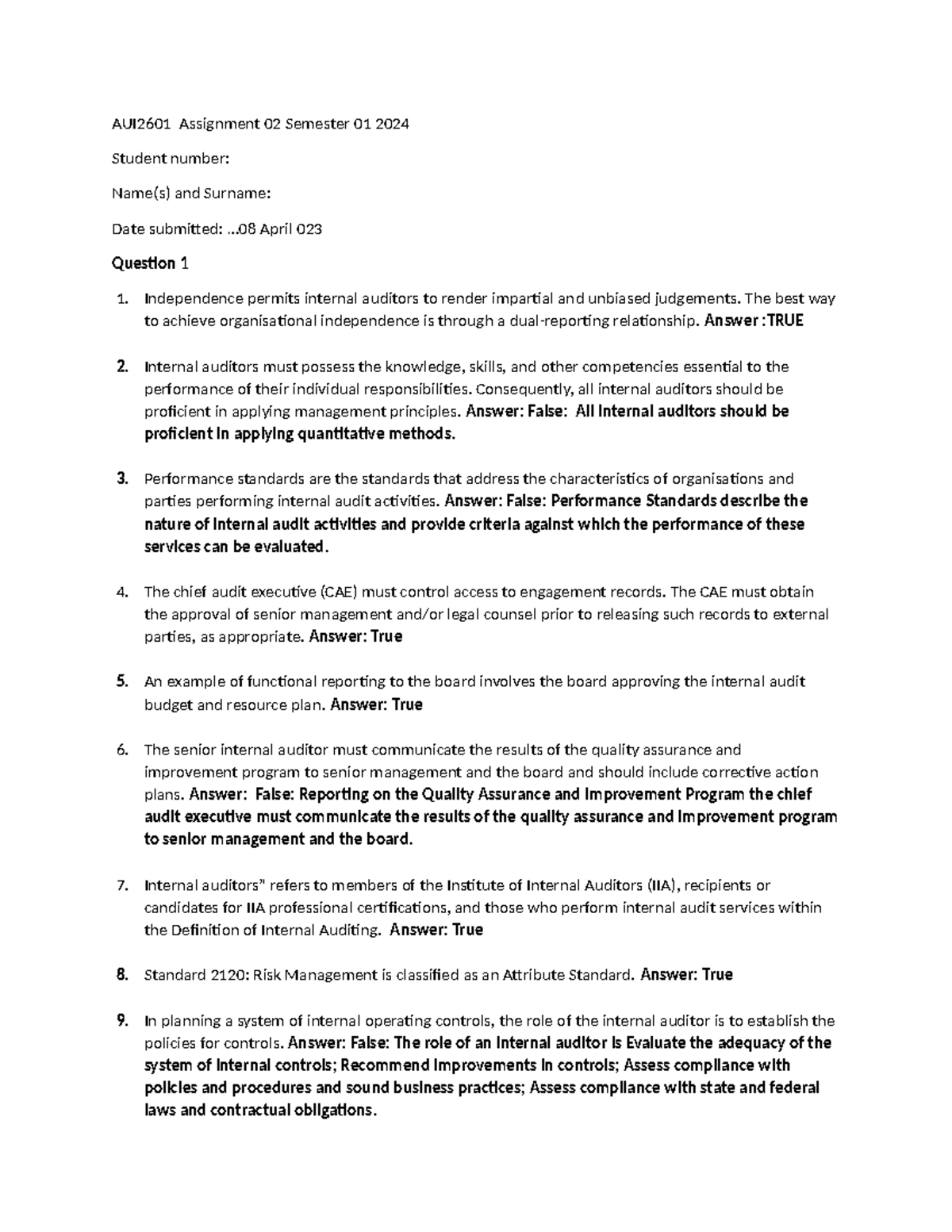 AUI 2601 Assignment 2: Internal Audit Practices and Ethics Overview ...