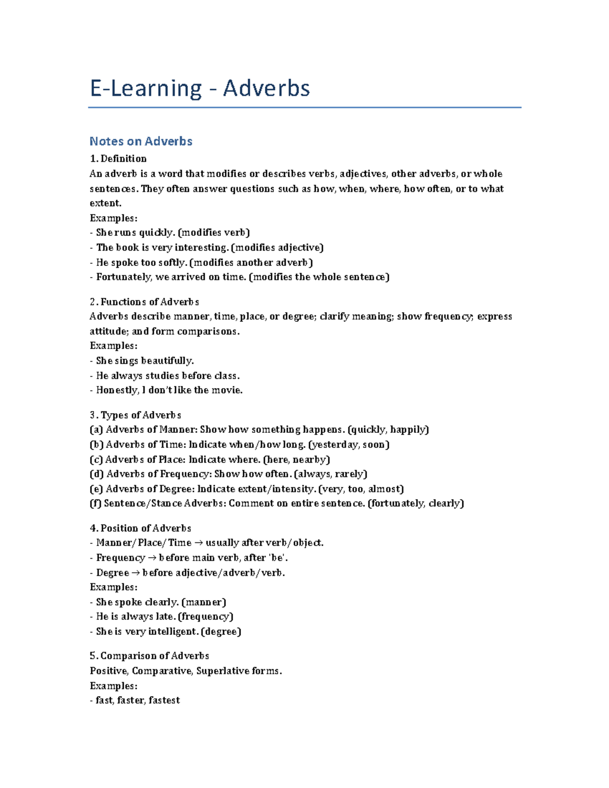 E-Learning Adverbs - Self Practice Materials for English 101 - Studocu