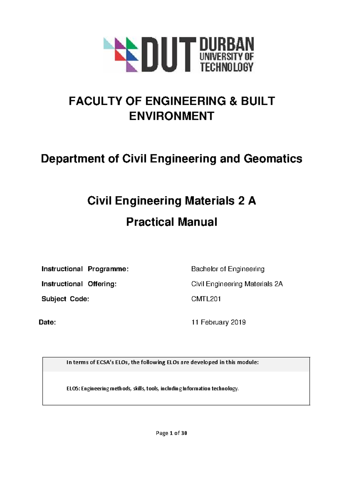 Civil Engineering Materials practical manual - FACULTY OF ENGINEERING ...