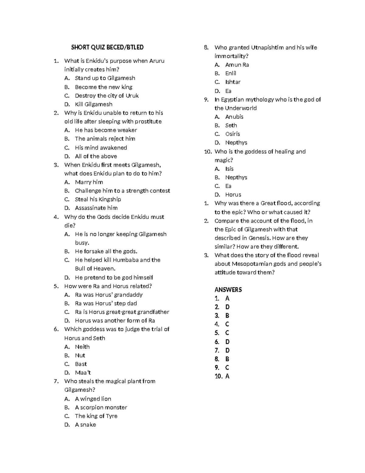 Short QUIZ B - quiz bee - SHORT QUIZ BECED/BTLED What is Enkidu’s ...
