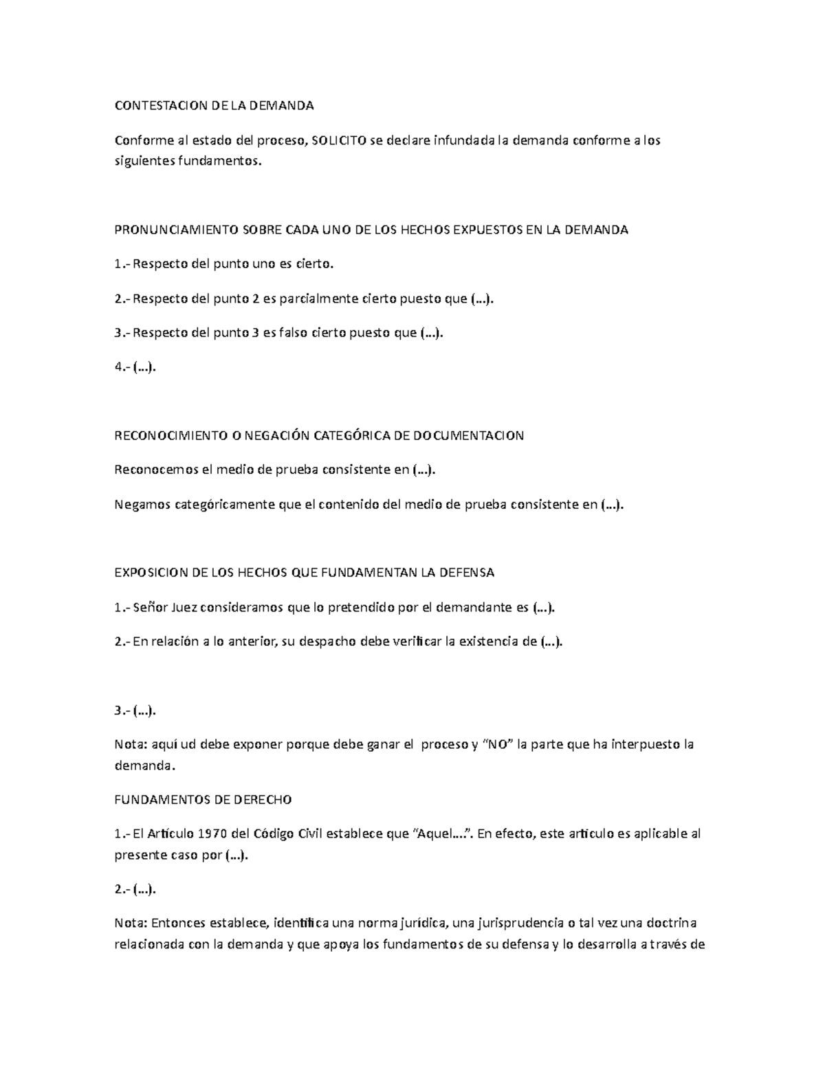 Contestación de Demanda: Fundamentos y Medios Probatorios (Cód. Legal) - Document Preview