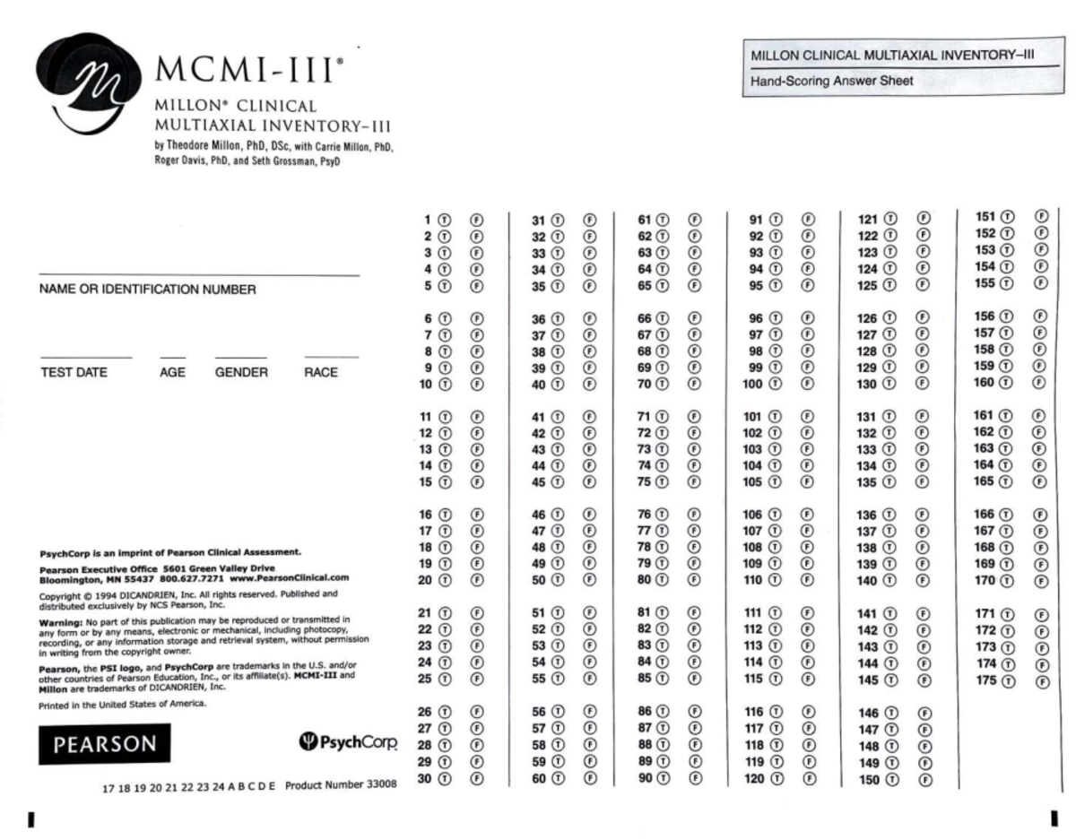 MCMI Scoring Sheet: Clinical Multi-Axial Assessment - Studocu